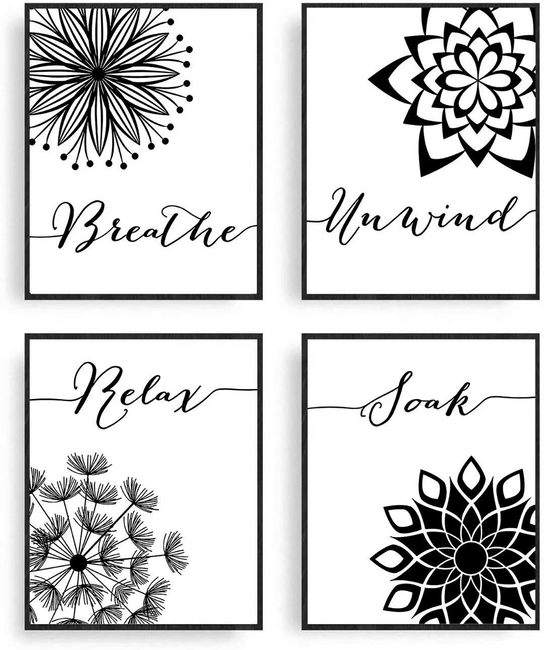 Vintage Wall Art Prints Relax Soak Unwind Breathe Bathroom Wall Decor Abstract Black and White Botanical Flower Canvas Poster Wall Decor Pictures for