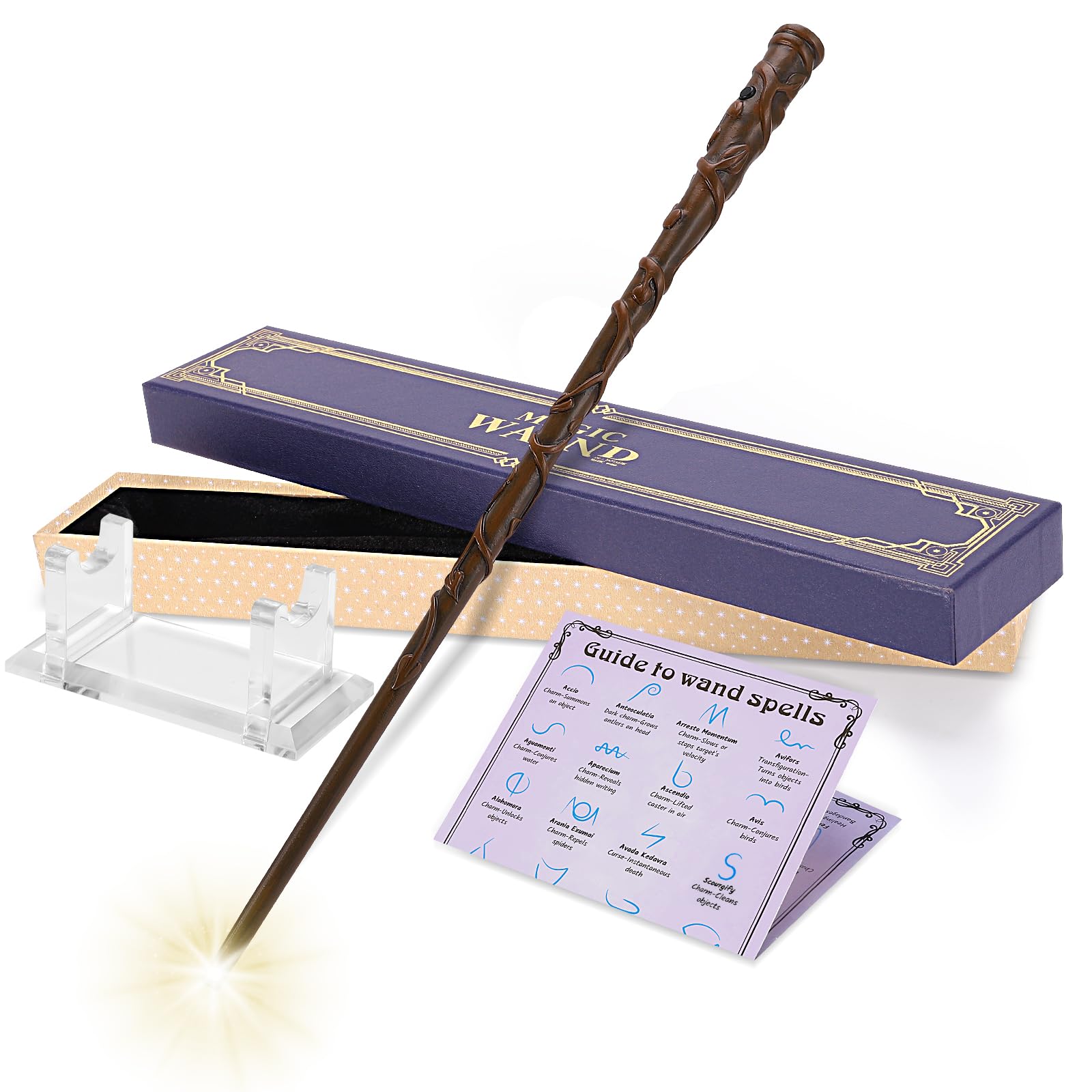 EnrichFun Light Up Wizard Magic Wand Rechargeable Illuminating Witch Wands for Kids Collection Cosplay Halloween, with Acrylic Stand, (Erudite)
