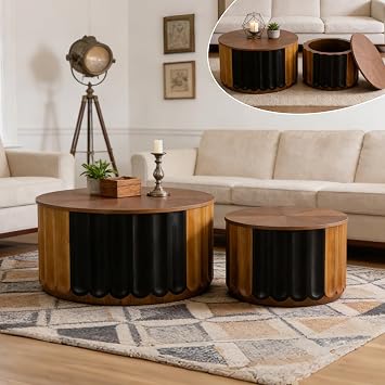 Fluted Round Nesting Coffee Table Set of 2 Handcraft Drum Coffee Table with Storage Sofa Tables Both Mid Century Modern Wood Side Table End Table for Living Room Small Space Black Brown