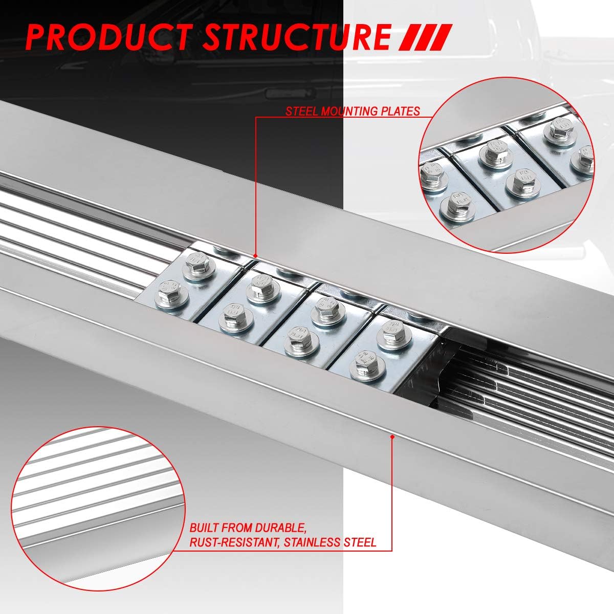Auto Dynasty Pleated Running Boards Compatible with 2019-2024 Dodge Ram 1500 Crew Cab, Stainless Steel Side Step Rail Nerf Bars, 6" Step Bars, Polished Chrome