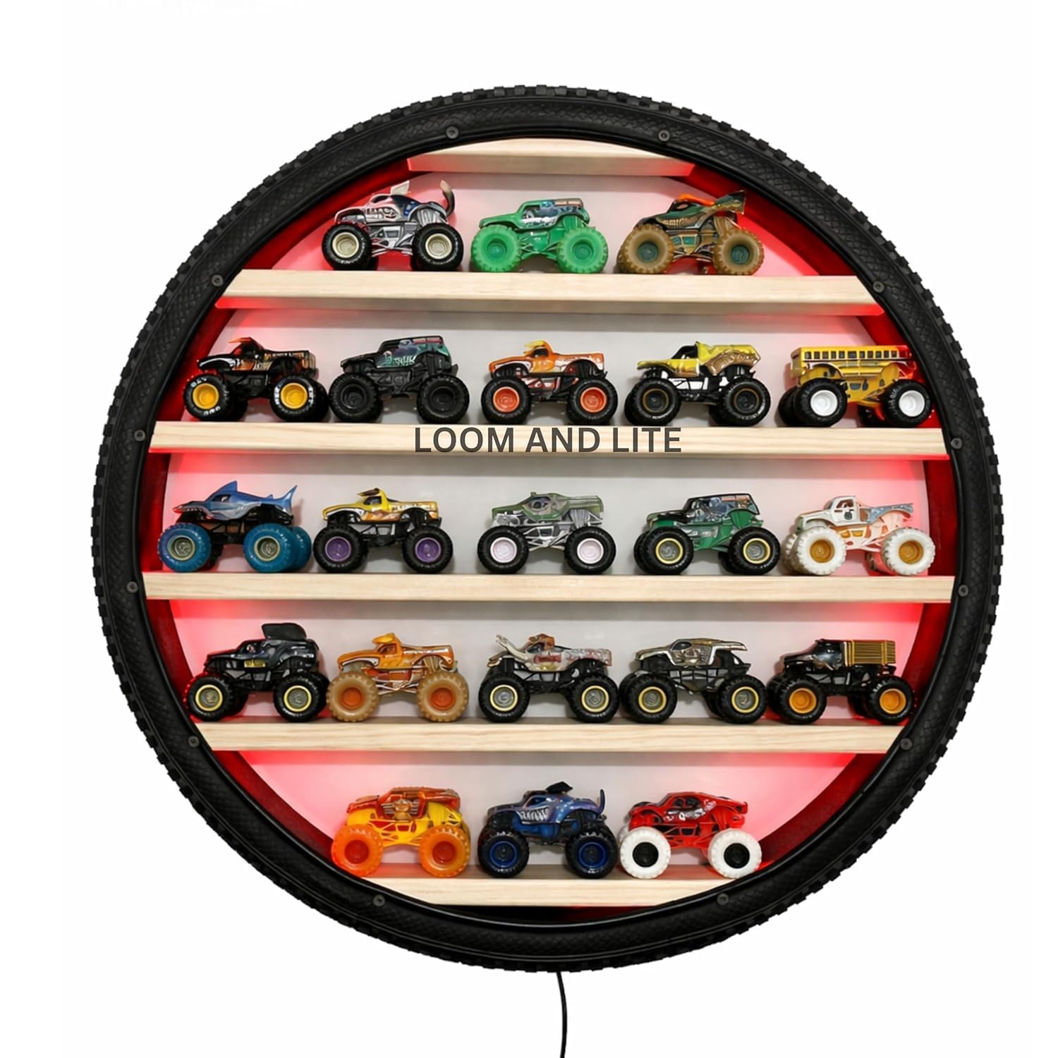 24 Inch LED Display Shelf | Circular Wall Mounted Toy Car Storage Rack | Wooden Shelf with Tire Frame Design RGB Backlight for Kids Room Boys Bedroom Playroom Decor-image-11
