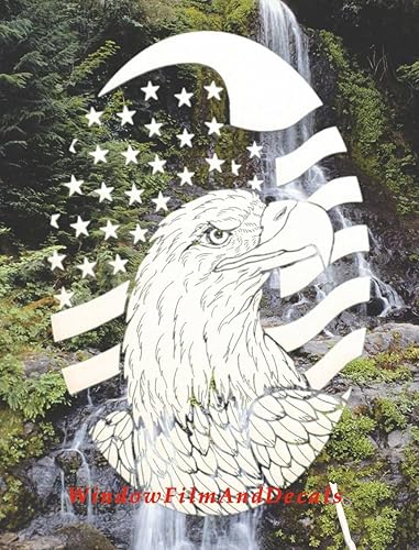 Vista 2 de Calcomanía ovalada de vinilo para ventana, grabado vertical, bandera y águila, 8 x 12 pulgadas, color blanco con elementos de diseño transparentes