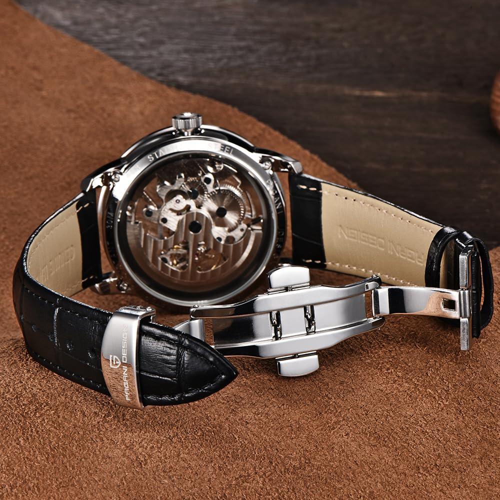 Pagani Design 1638 - Reloj de pulsera automático para hombre, con esfera de esqueleto, correa de piel auténtica, reloj de pulsera mecánico analógico hueco informal