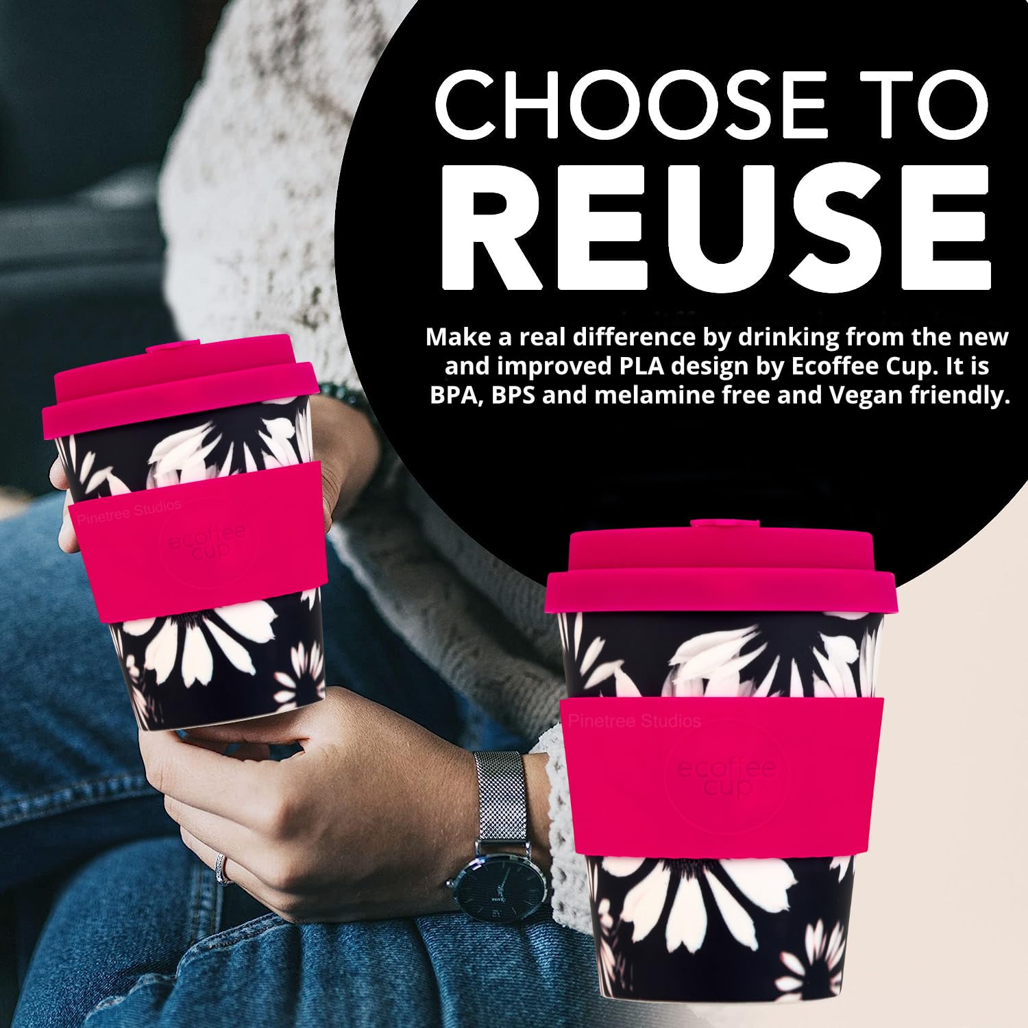 Ecoffee Cup 12oz 350ml Reusable Eco-Friendly 100% Plant Based Coffee Cup with Silicone Lid & Sleeve - Image 3