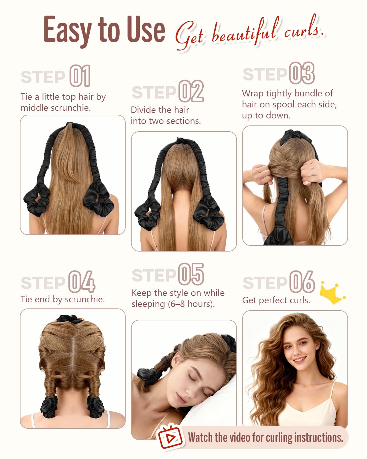 BONNET QUEEN Polifunzionale Bigodini Morbidi per Dormire, Arricciacapelli Senza Calore per la Notte, Satin Bigodino Lungo per Boccoli, Heatless Curls Hair Curler con 3 Scrunchies, Nero