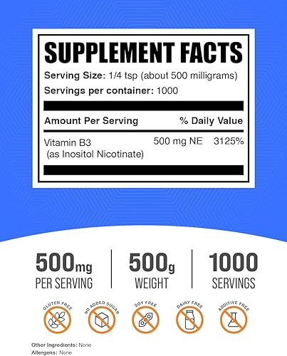 Miniatura 7 de BULKSUPPLEMENTS.COM Polvo de niacina sin enjuague - Suplemento de vitamina B3, nicotinato de inositol, niacina 500 mg sin enjuague - 500 mg de