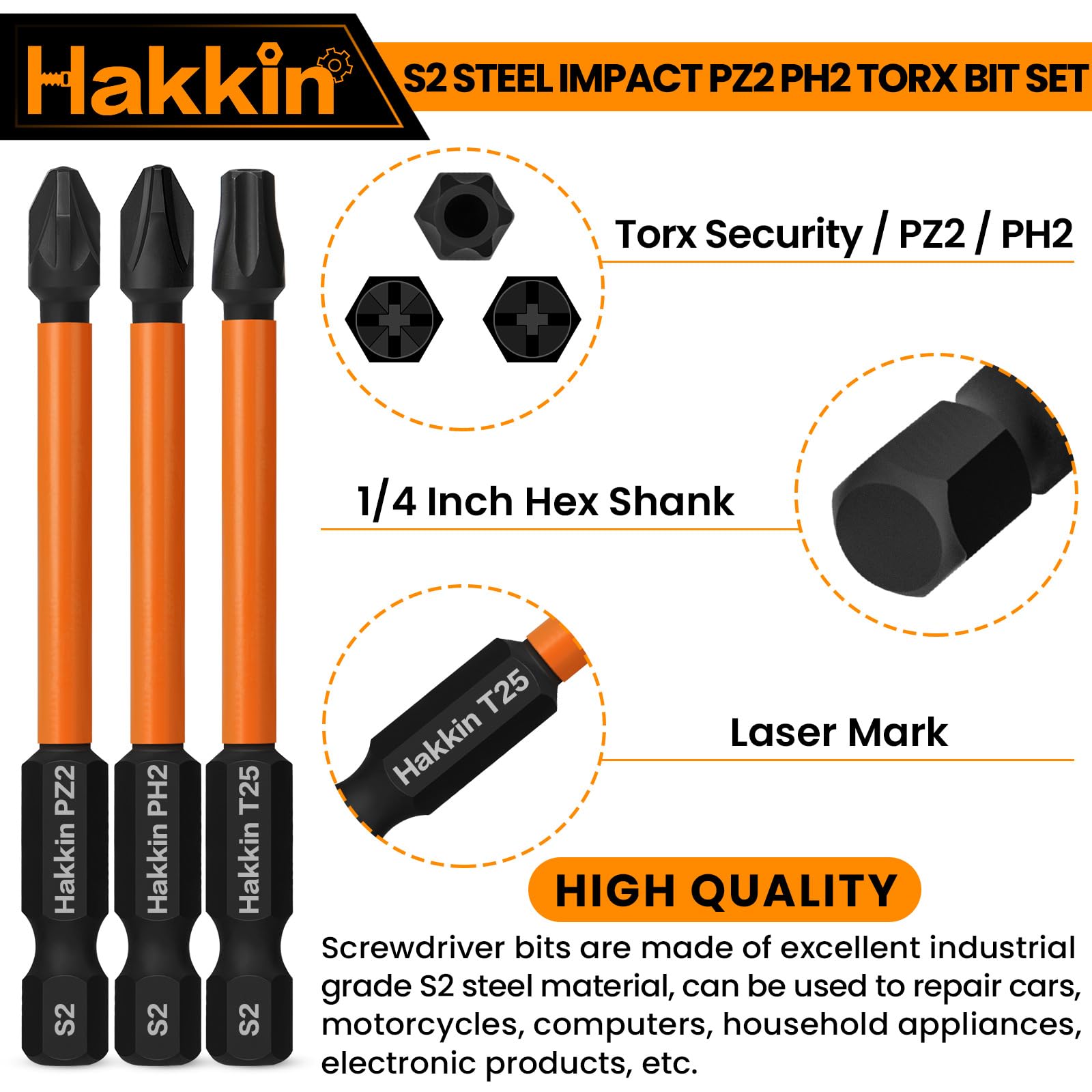 Hakkin Torx Bit Set 12Pcs Impact Drive Bits S2 Steel PZ2 PH2 Pozidriv Torx Magnetic Screwdriver Bits for Impact Drill 75mm PZ2 PH2 T10 T15 T20 T25 T30 T40 - Image 4