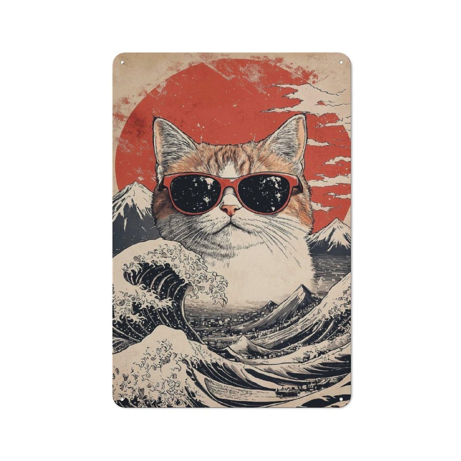 Junmoney Cool Cat At The Great Wave Tin Wall Plaque 30X20cm With For Workshop Wall, Suited To Makers And Diy Enthusiasts