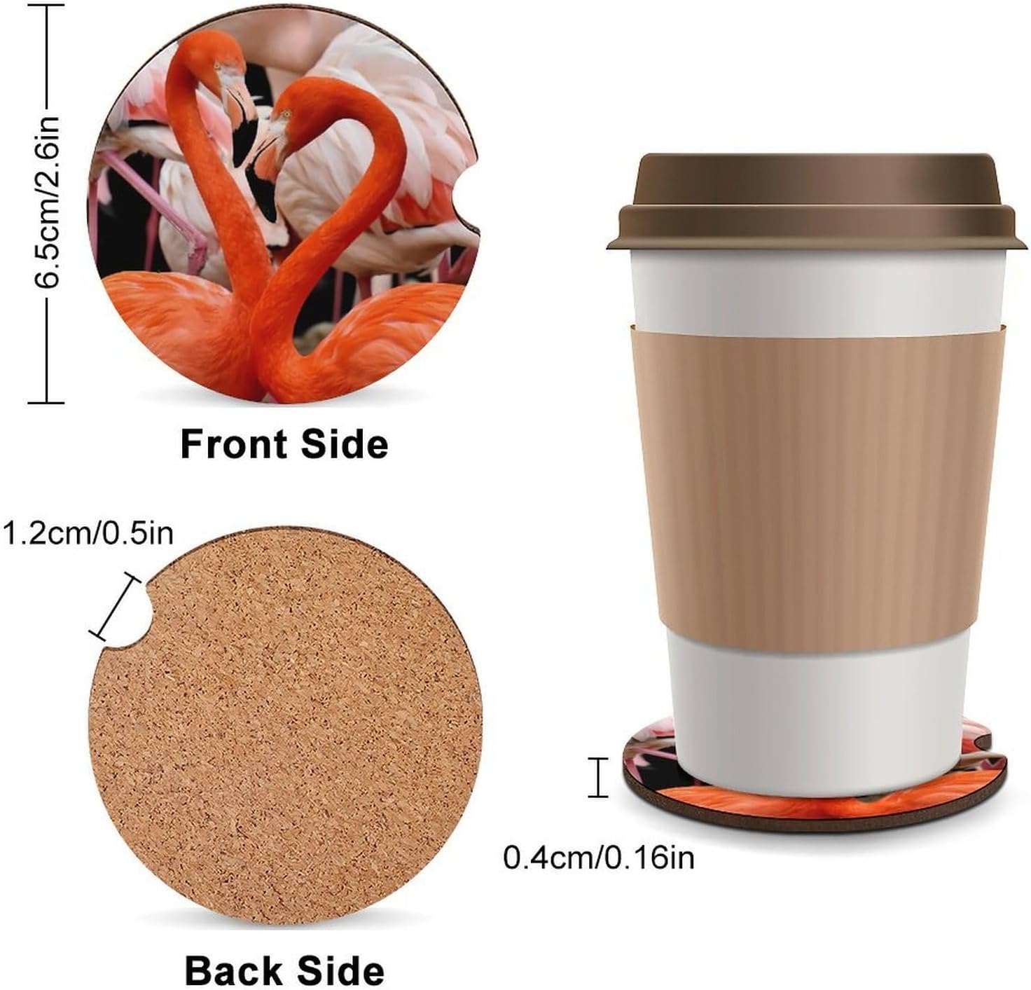 Flamingos Bird Car Cup Holder Coaster with Cork Base 2.6 Inches Anti Slip | Absorbent Cute Car Accessories Interior Fashion Decor with Finger Notch