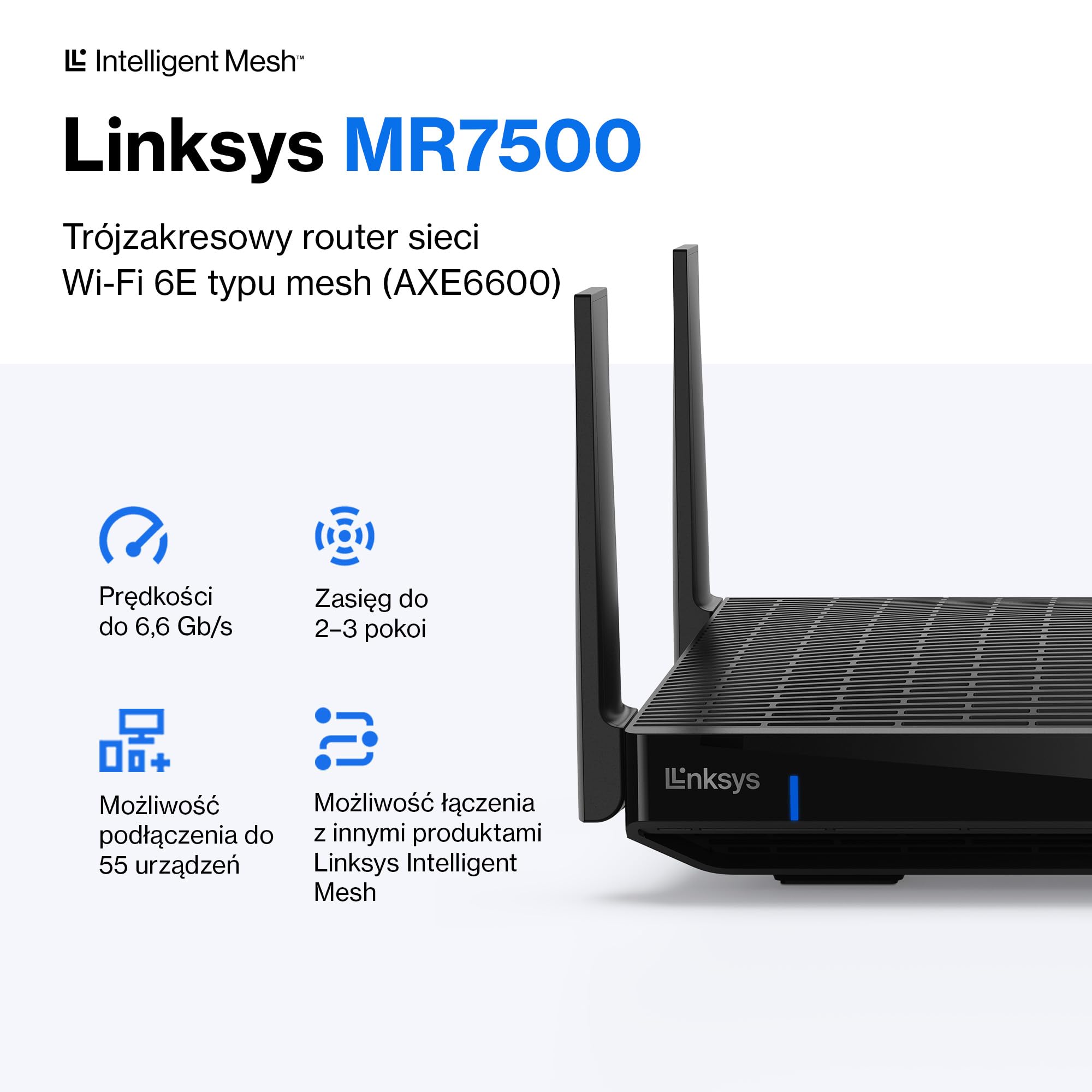 Linksys Hydra Pro 6E Triple Band Mesh WiFi Router 6E (do gier, 8 strumieni, pasmo 6 GHz, przepustowość do 6,6 Gb/s, zasięg 250 m2, ponad 55 urządzeń, współpracuje z Velop Mesh)