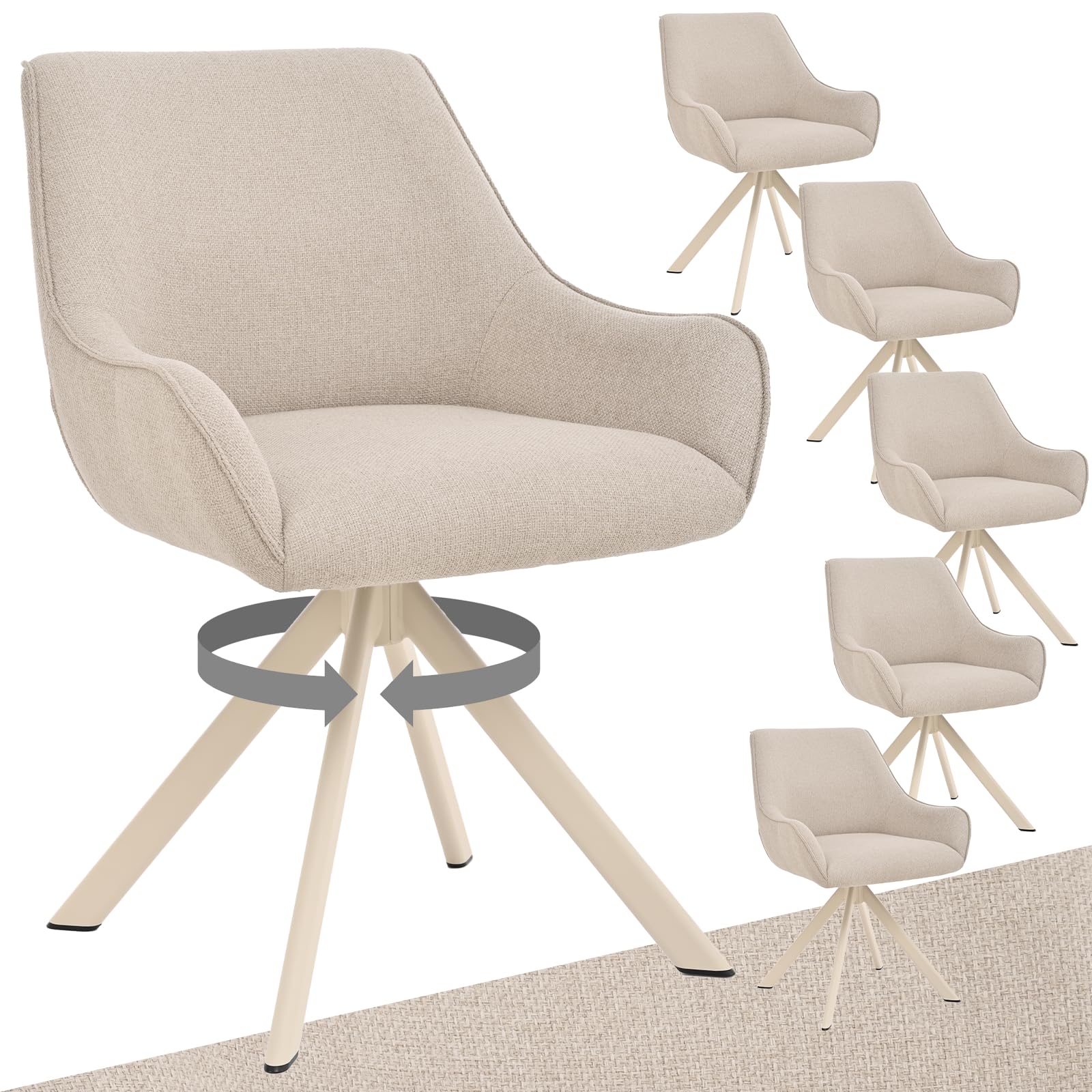Lot de 6 chaises de salle à manger pivotantes 360° en lin beige avec accoudoirs et structure métal