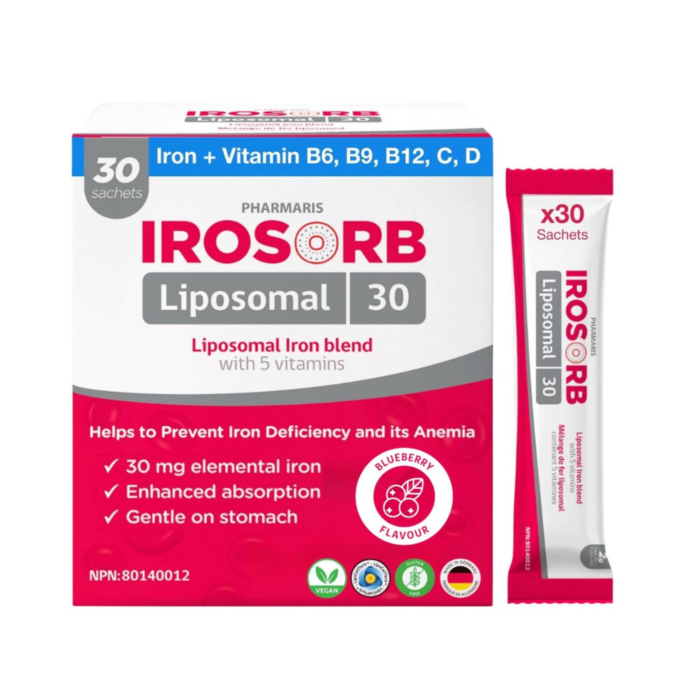 Pharmaris IROSORB Liposomal Iron Supplement, 30mg Elemental Iron with 5 Vitamins (Vitamin C, B12, B6, D, B9), High Absorption & Gentle on Stomach for Women & Men, Blueberry Flavor Powder, 30 Sachets