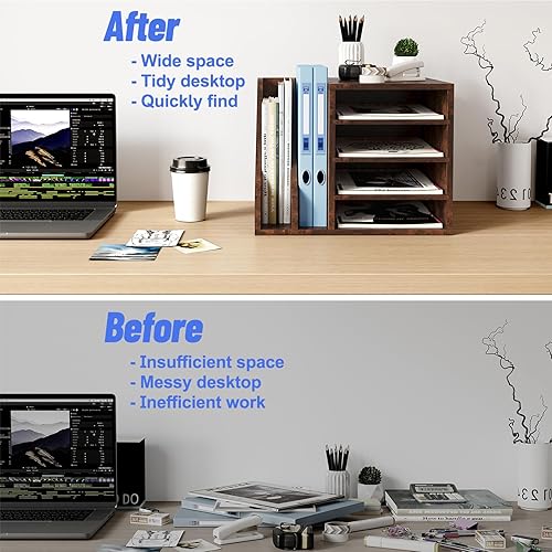 Miniatura 3 de Wood Desk Organizer File Holder, Wooden Mail Organizer Countertop with Adjustable Compartments, Desktop File Organizer Paper Sorter for Home, Office