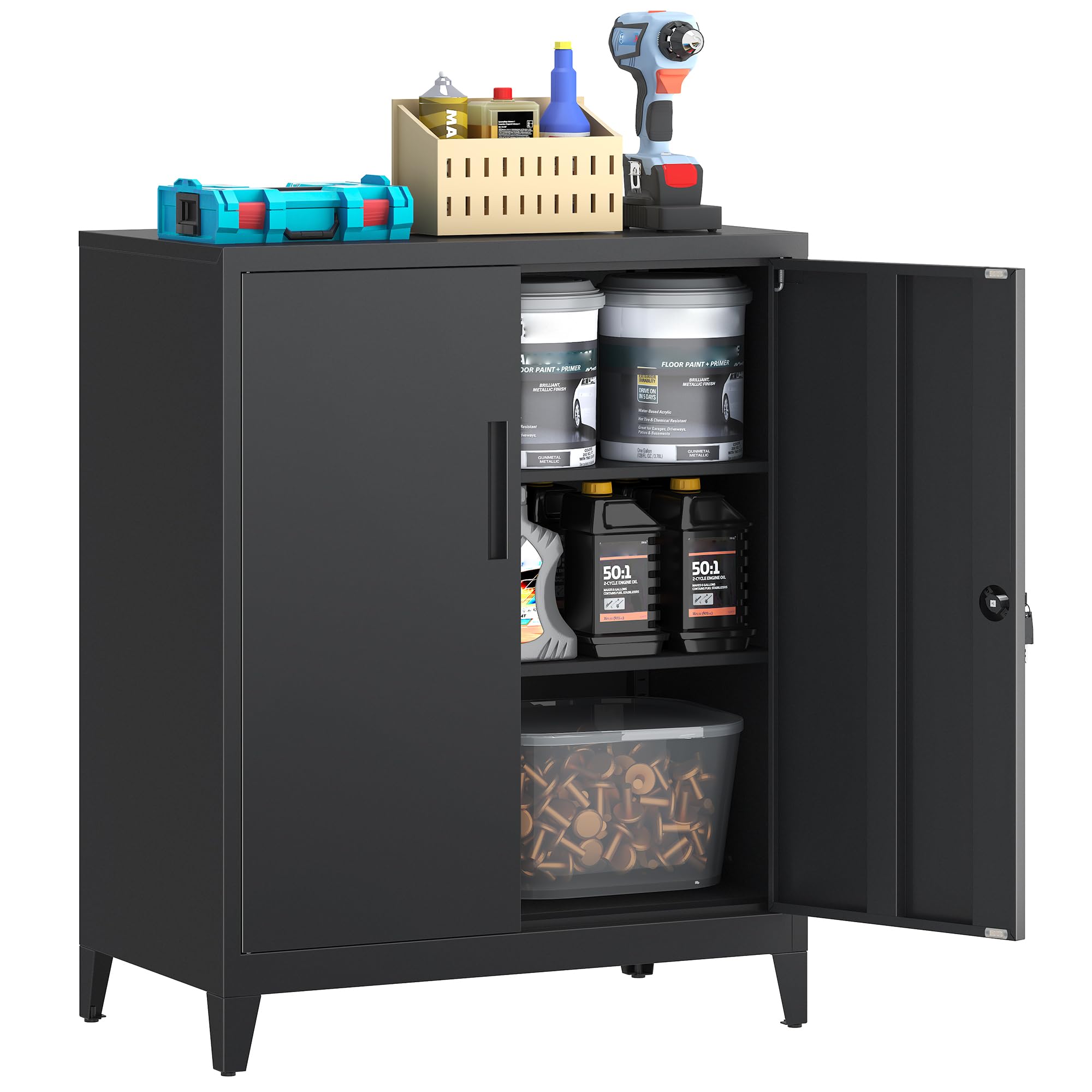 Aktenschrank, abschließbarer Garagenschrank, 2 Ebenen Büroschrank, Werkstattschrank mit verstellbaren Regalen, für Büro, Garage und Hauswirtschaftsraum, 40 x 80 x 100 cm, Schwarz