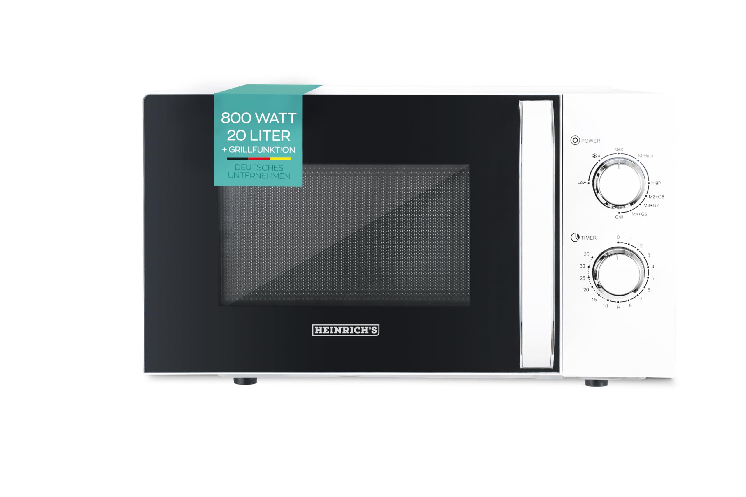 HEINRICHS Mikrowelle, kompakte Mikrowelle, 20L Volumen, 9 Leistungsstufen, inkl.35min. Timer, Defrost Funktion, Innenraumbeleuchtung, 360°Drehteller, mit Grillfunktion, 800W Leistung, Heinrich´s(weiß)