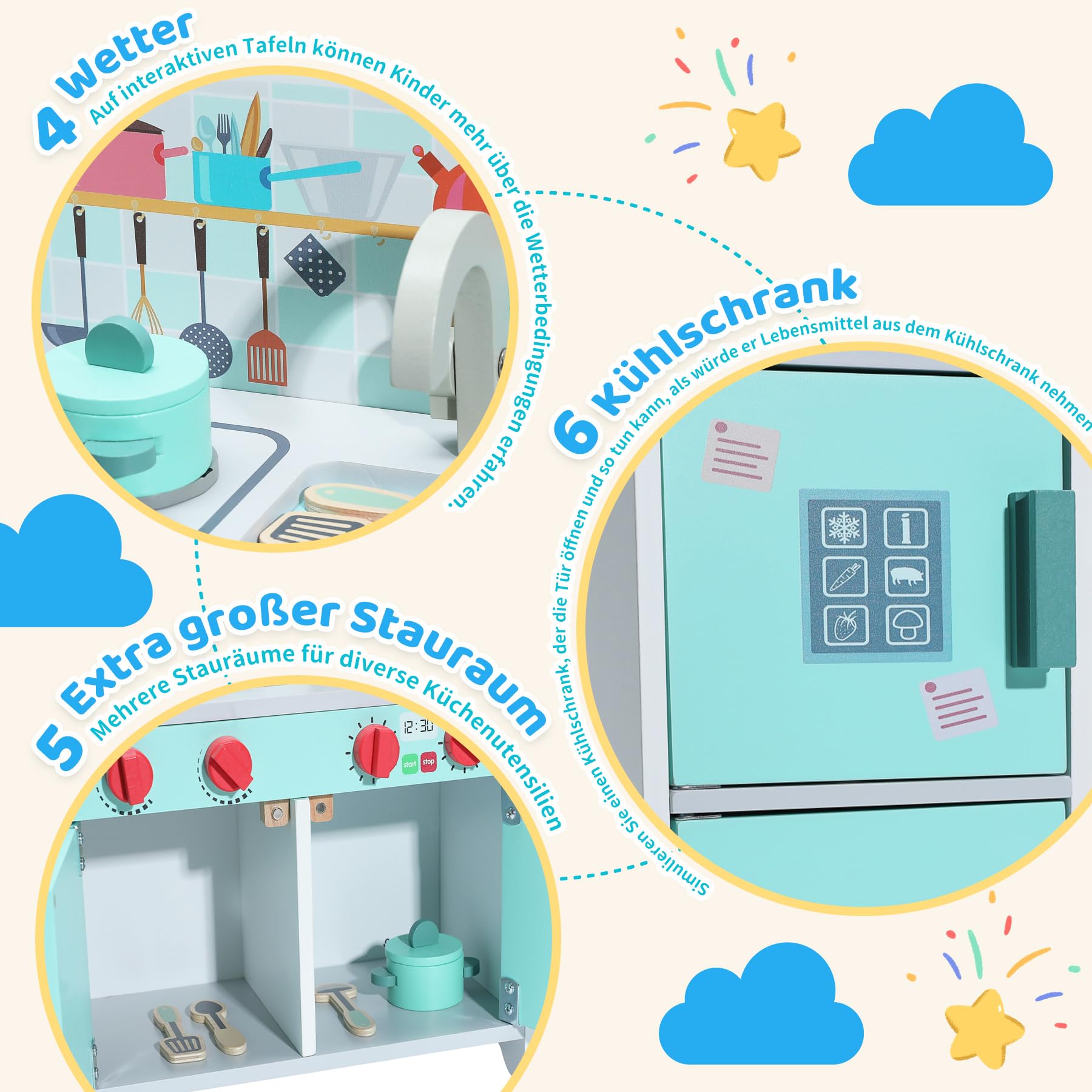 Cucina per bambini in legno con accessori, cucina per giochi di ruolo per bambini, set da gioco Mini Chef, set da gioco per cucina con cibo da gioco, frigorifero, forno, vano portaoggetti