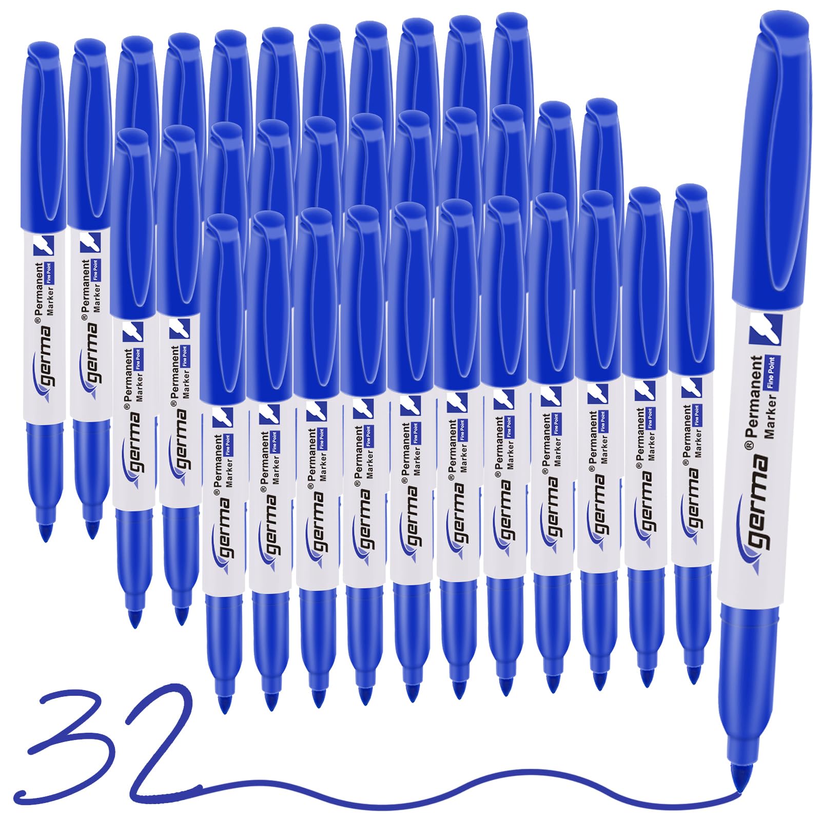 Cgerma Permanent Markers Fine Point, 32 Pack Blue Fine Tip Permanent Markers Set, Quick Drying, Fade Resistant, Works on Plastic, Wood, Stone, Metal