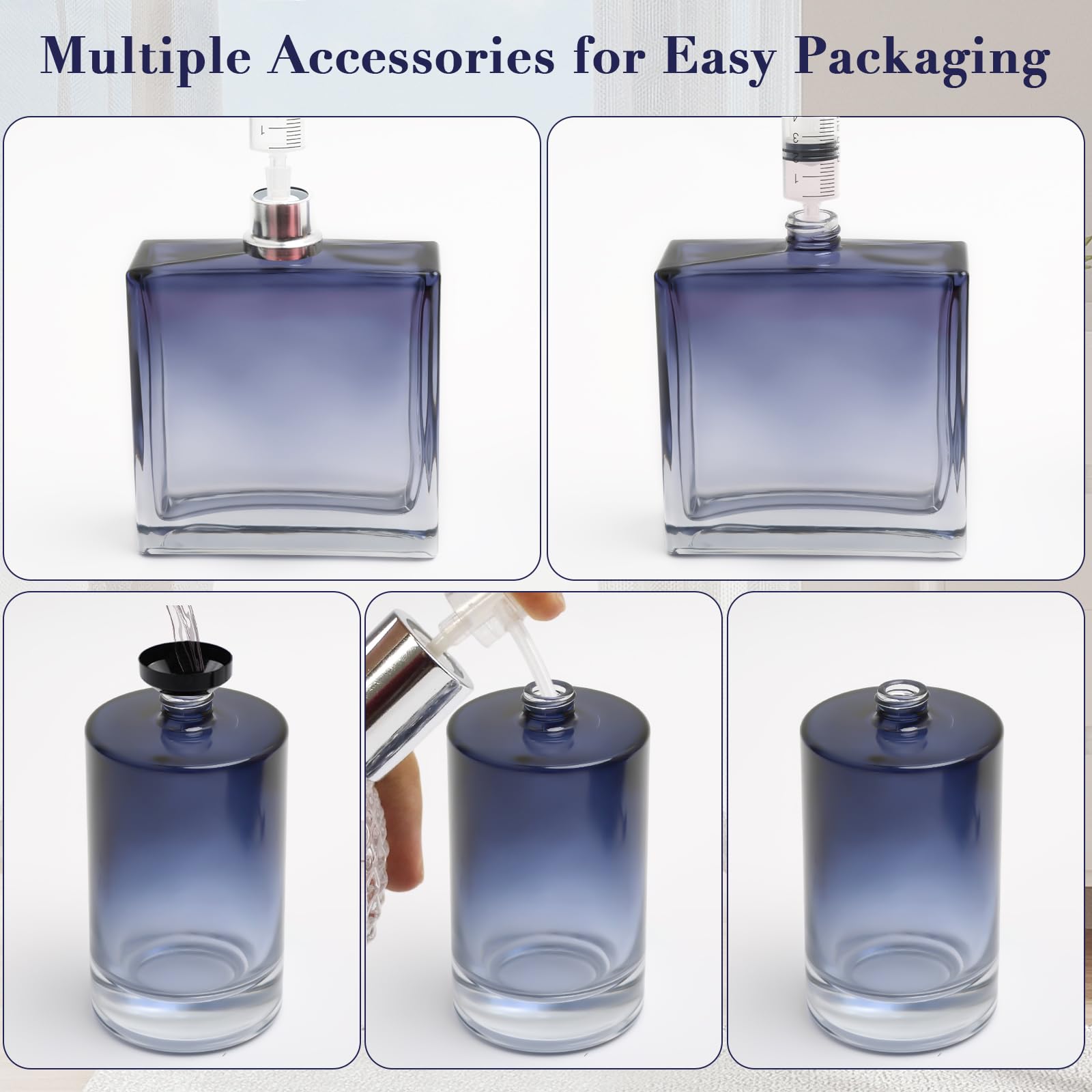Gradient Blue Glas Perfumy Flakon puste 100 ml, aksamitna torba, okrągłe i kwadratowe, puste opakowanie 100 ml, duża pojemność, do podróży, perfum, alkoholu, do napełniania, wielokrotnego