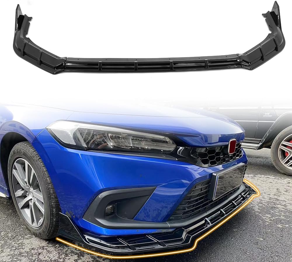 Front Bumper Lip Spoiler, Compatible with 2022-2024 Honda Civic Sedan & Hatchback 4-Door, ABS Plastic Gloss Black FE Competion Style Add-on Front Splitter Air Dam Chin Protector, 3 Pieces