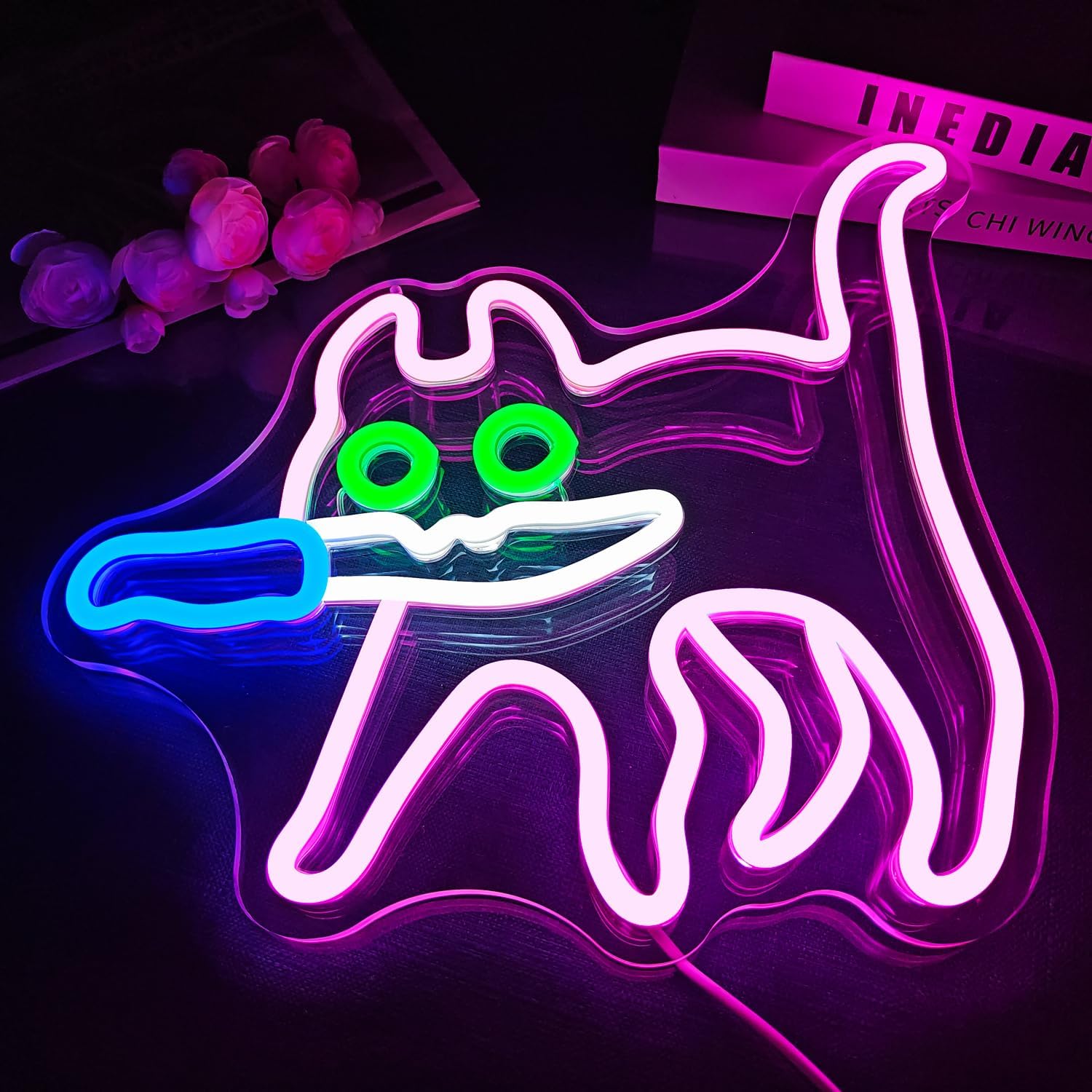 Ajoyferris Cautiously Cat Neon Signs for Wall Decor Dimmable Sneaky Cat Knife Neon Light Sign for Bedroom Pink Anime Cat Neon Sign for Zoo Cat Cafe Cat Man Cave
