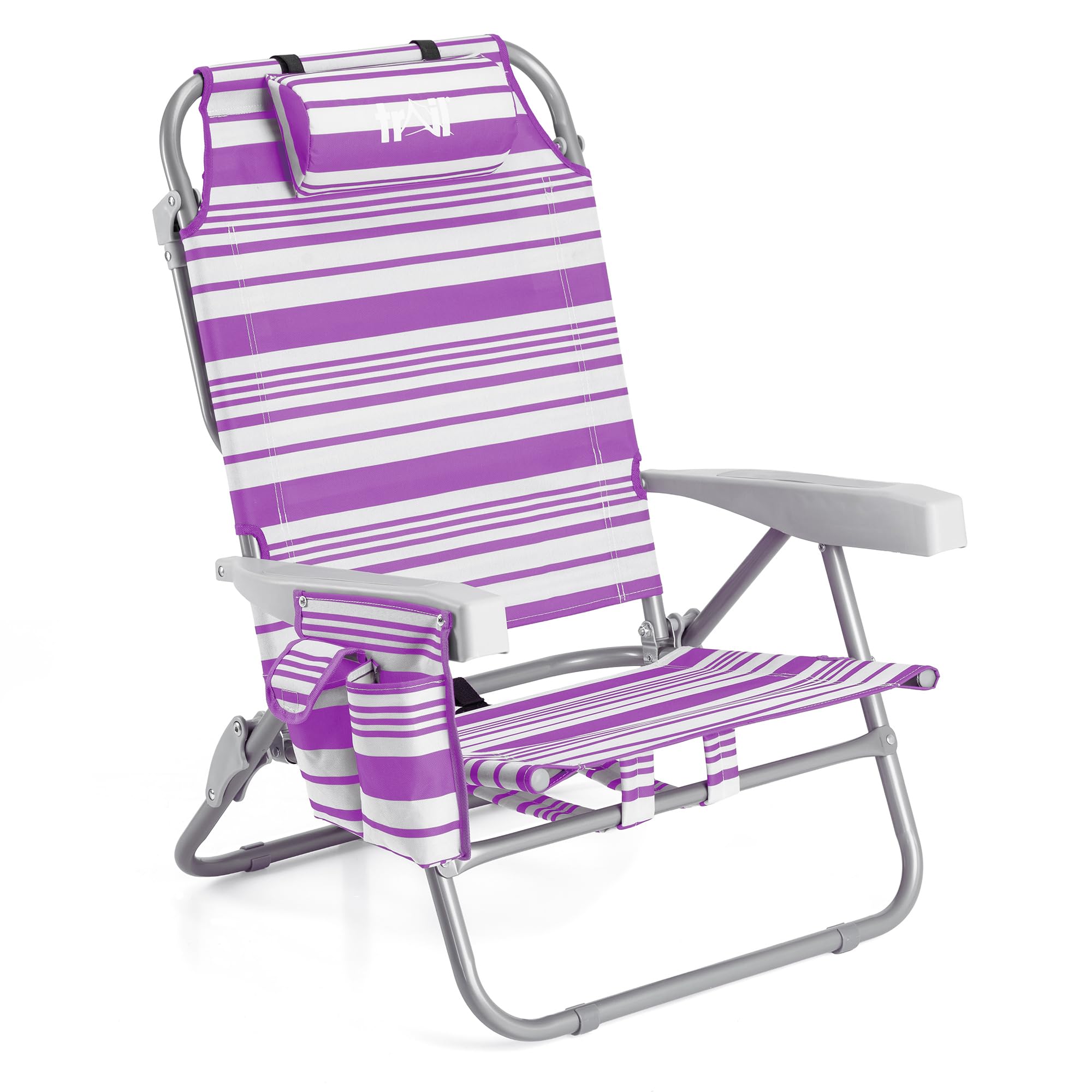 Trail Low Reclining Beach Chair, Purple Stripe Folding Recliner – Reclines to 4 Positions, Head Cushion, Drinks Holder, Storage Pouch & Backpack-Style Carry Straps, Portable Camping Lounger