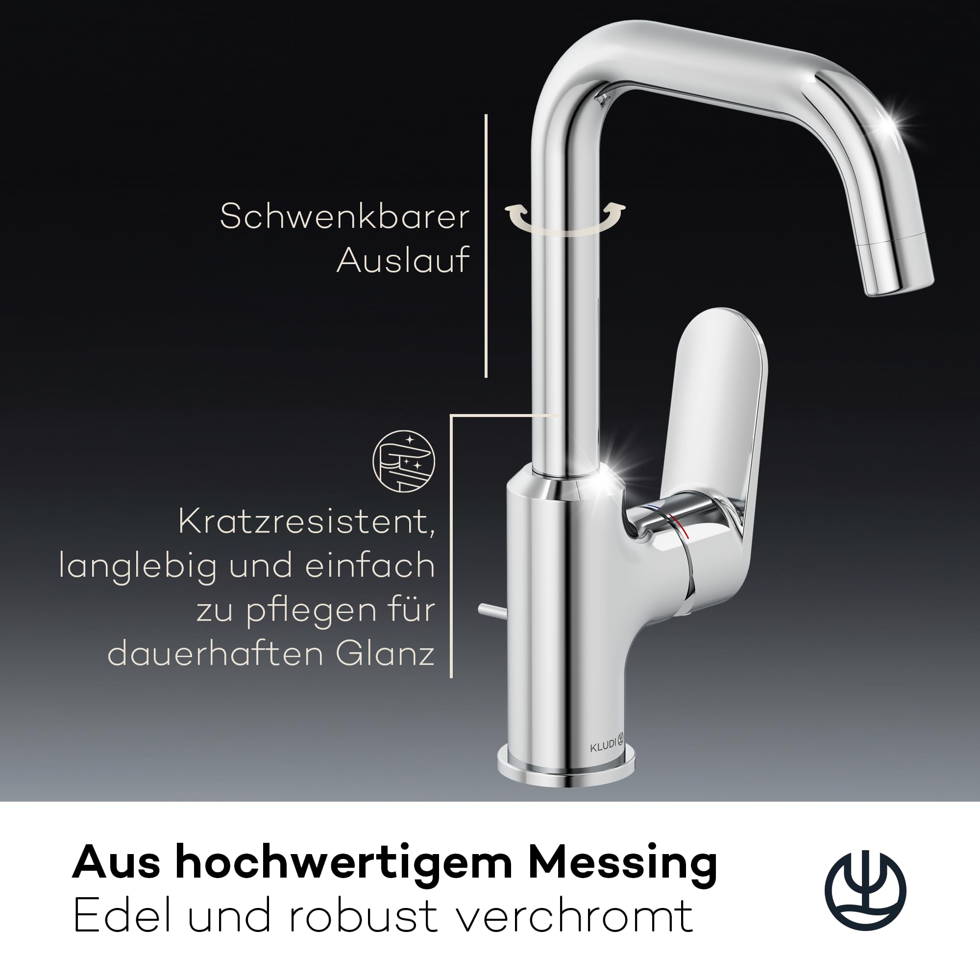 KLUDI-X1 Wasserhahn Bad mit Zugstangen-Ablauf, 360° schwenkbar, Auslaufhöhe 205 mm, wassersparende Waschtischarmatur Größe L, Mischbatterie Waschbecken inkl. Anschlussschläuche in Chrom