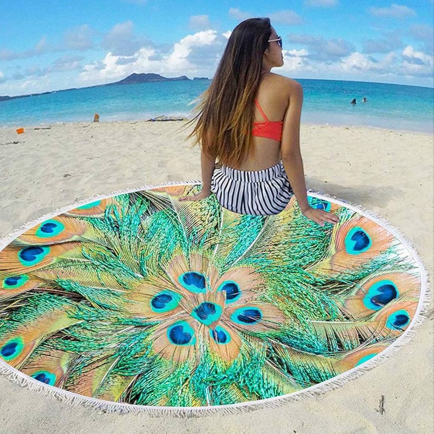 Serviette Plage Ronde Mandala FainFun - 150cm - Microfibre - Pompons Coton - Style Bohème - Multi-Usage