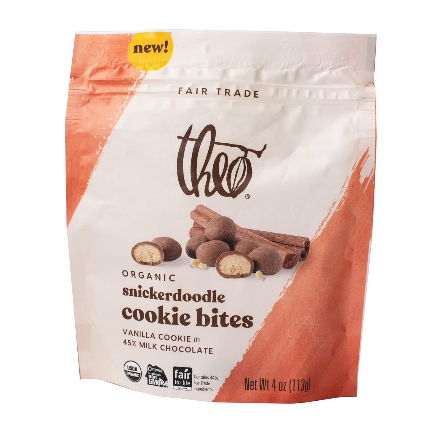 Theo Chocolate Snickerdoodle Organic Cookie Bites, 4 Ounce Resealable Bag, 1 Pack