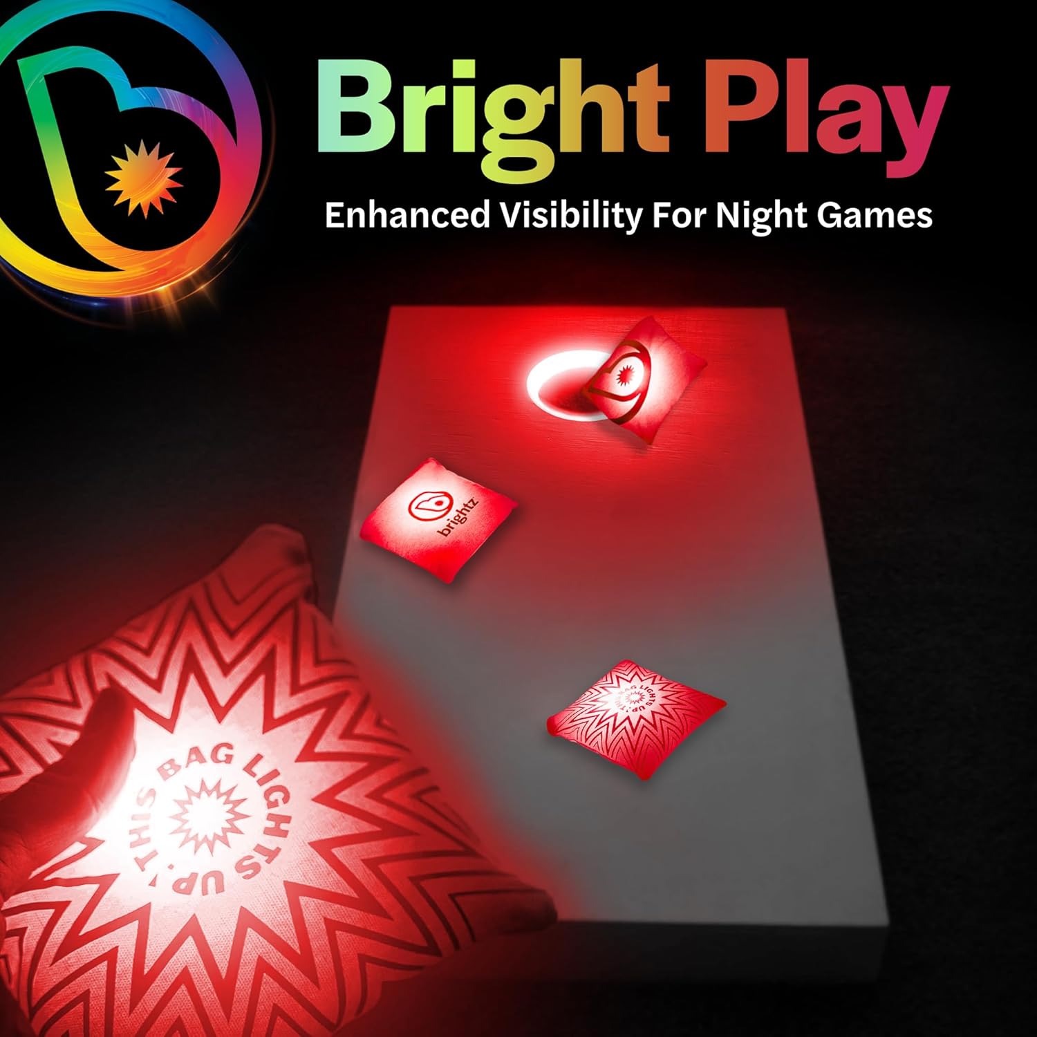 Brightz Premium Cornhole Ring Light with LED Bags - Includes 4-Pack of LED Cornhole Bags + RingBrightz Cornhole Ring Lights - The Ultimate Night Time Cornhole Master Set