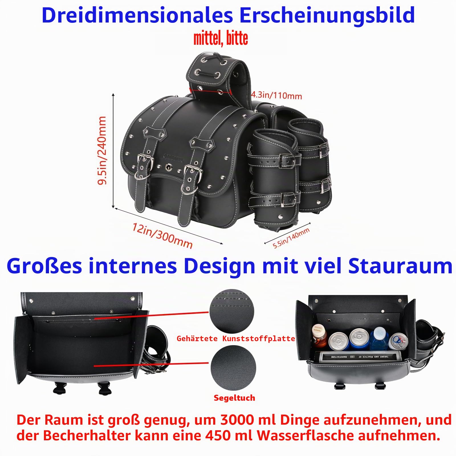 Hochdichtes Leder-Motorrad-Saddebags,Überwurftaschen,Gepäckträger,Seitentaschen mit Getränkehalter,wasserdicht,seitliche Werkzeugtasche,Aufbewahrungstasche für Motorrad,universell,1Paar,M,schwarz