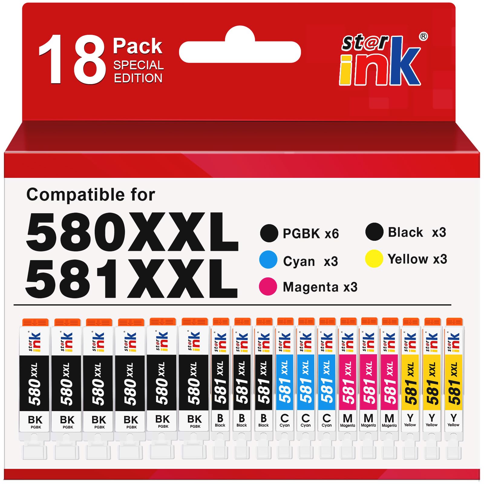 Starink PGI-580 CLI-581XXL Druckerpatronen Kompatibel für Canon 580 581 XXL Patronen Multipack für Canon Pixma TS705 TR8550 TS6150 TR7550 TS6250 TR8500 TS8251 TS6350 (PGBK/C/M/Y/BK，18er-Pack)