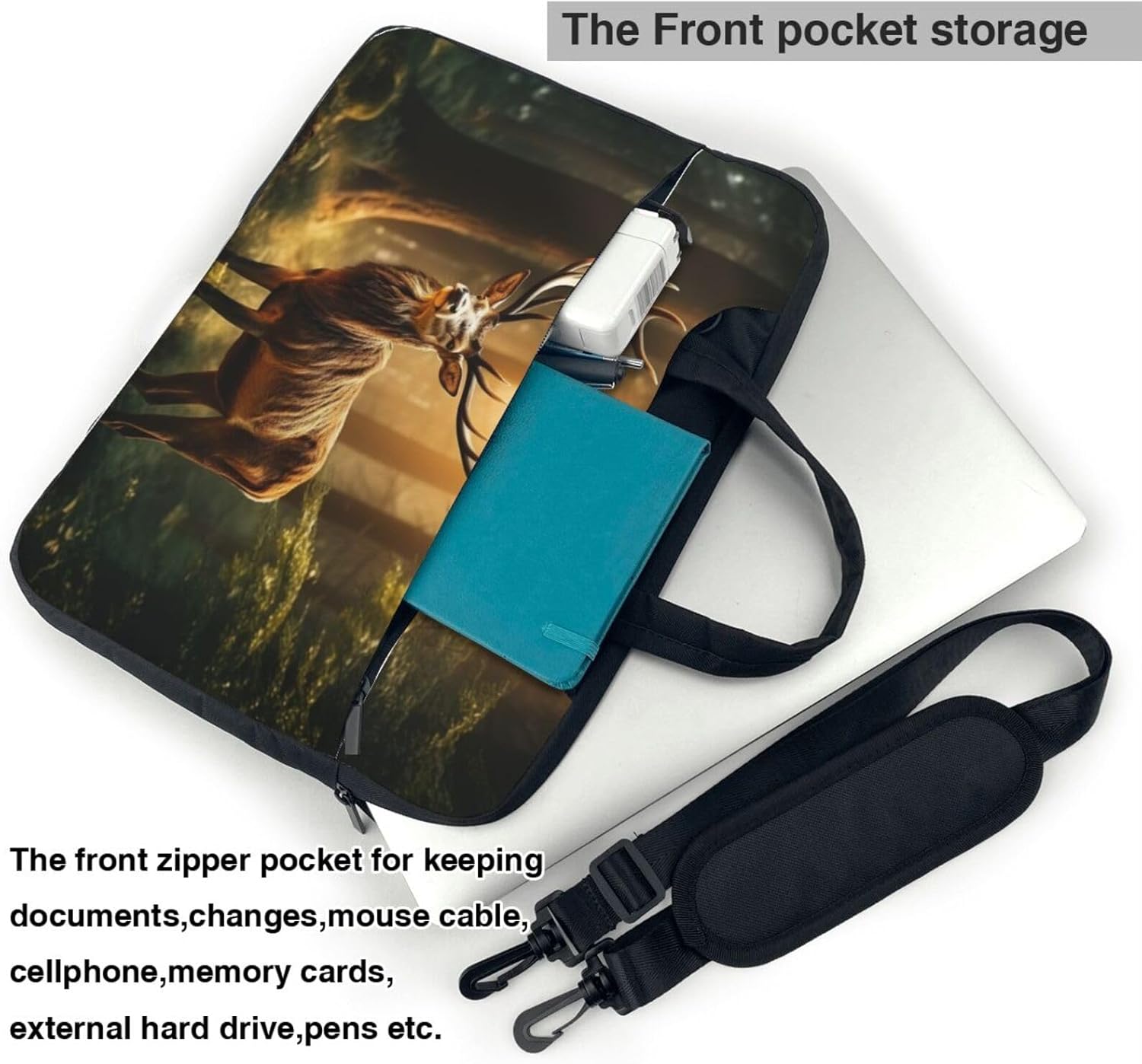 Beauty Deer Print Laptop Shoulder Bag Messenger Bag Notebook with Accessories Pocket 13/14/15.6 inch, Black, 15.6 inch