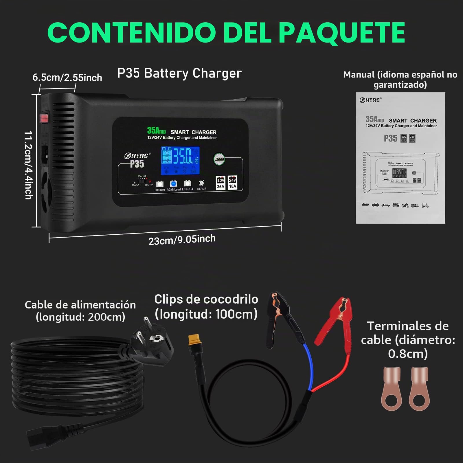 Haisito Cargador Baterías Coche 12V/24V 35A, Cargador de Baterias Coche y Moto Rápido Inteligente, Mantenedor y Desulfador para Baterías de LiFePO4 Litio Plomo ácido (AGM, Gel, EFB, SLA, VRLA)