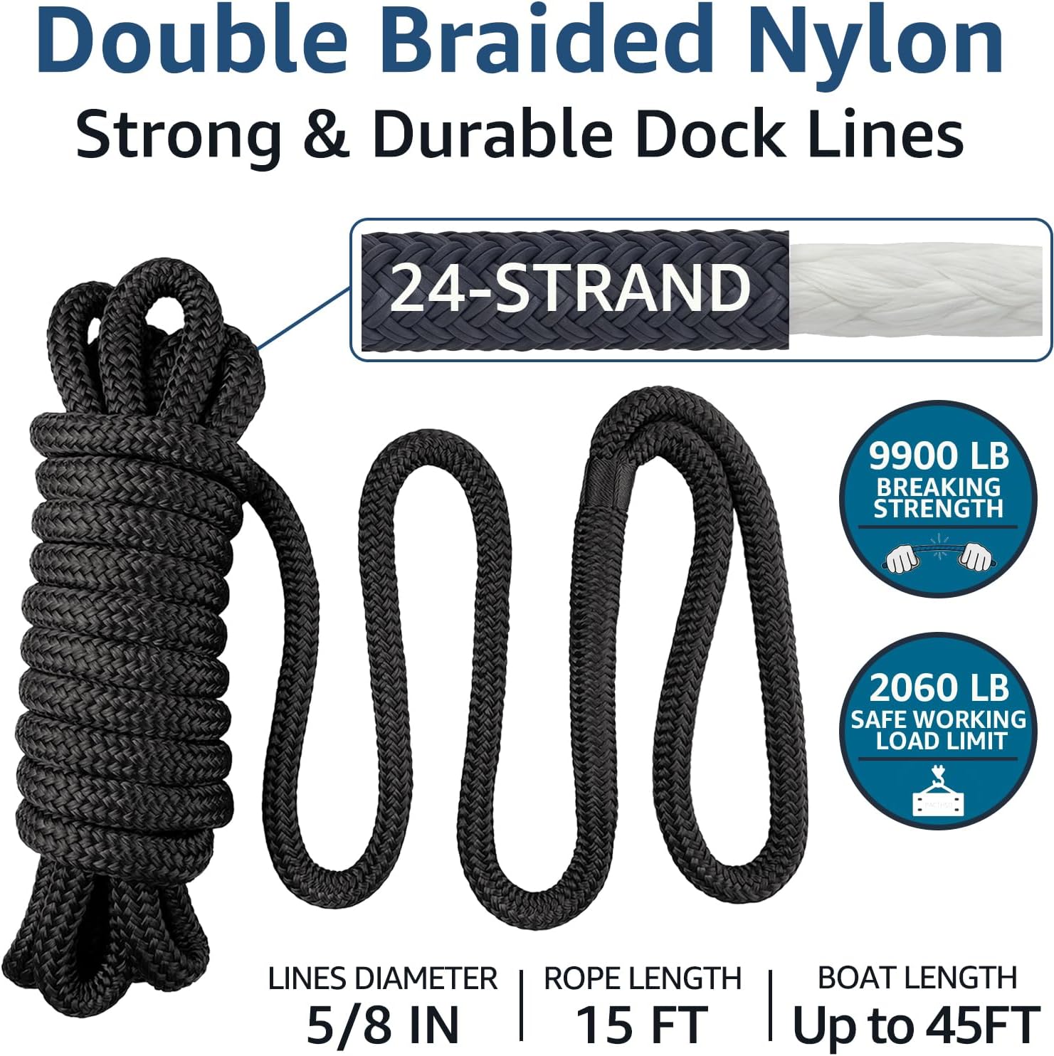 Boat Dock Lines Marine Rope 5/8" x 15' Marine-Grade Double Braided Nylon Dock Line with 15" Loop Boat Lines Dock Rope, Easy Handling Dock Lines for Boats, Fray Resistant - 2 Pack, Black