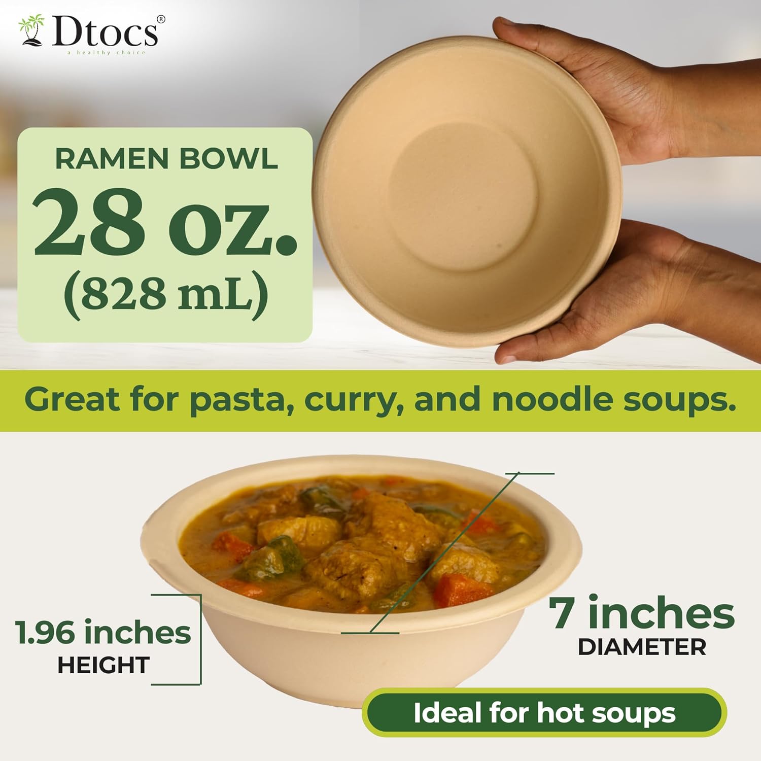 Dtocs Bamboo Fiber Disposable Bowls – 28 Oz, 70 Pk | Eco Friendly Large Bowl | Microwave Safe Bagasse Bowl for Soup, Dessert, Salad bowls | Disposable Dinnerware Alt to Paper, Plastic