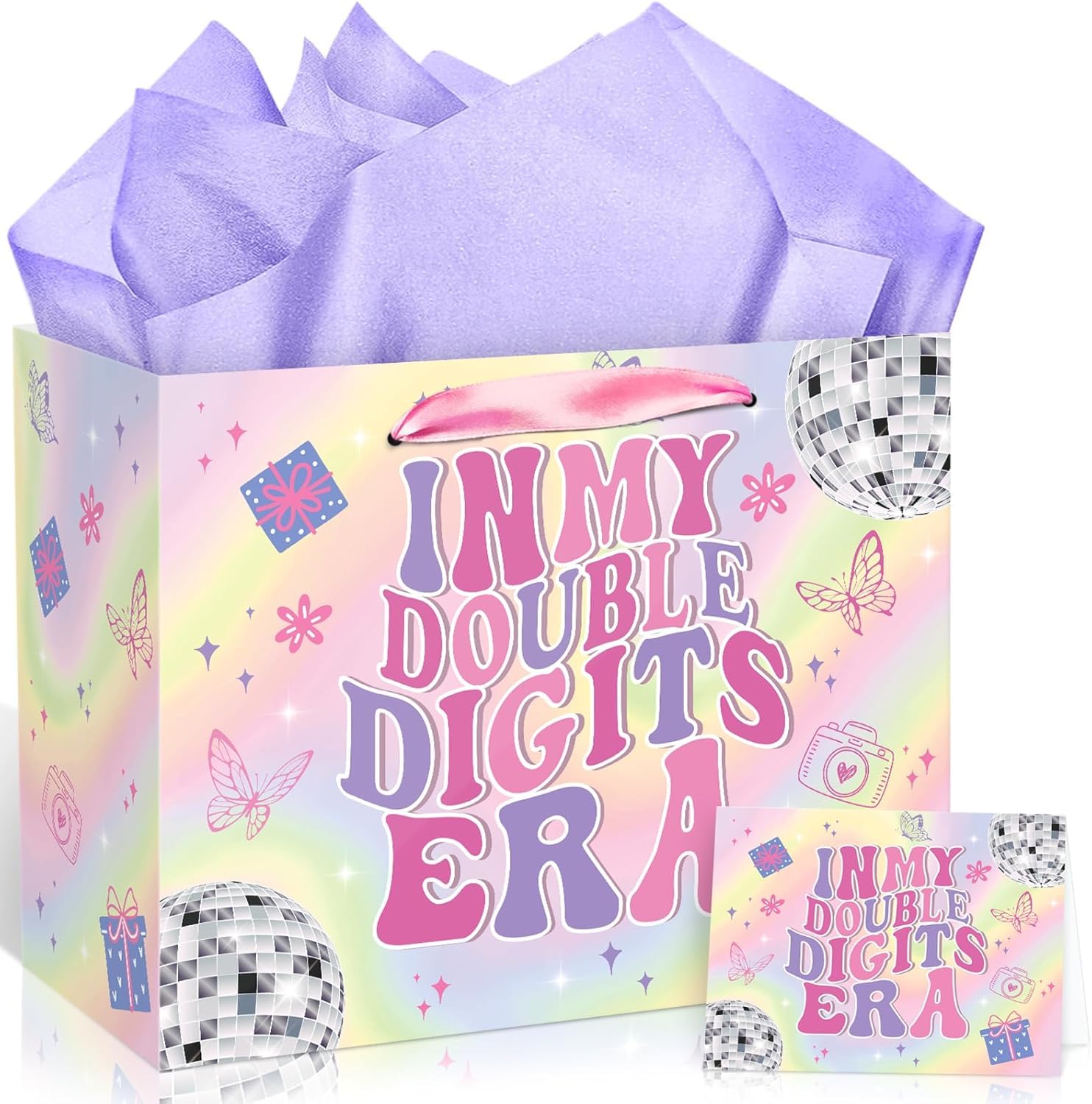 Large 10th Birthday Gift Bag for Girl Iridescent Double Digits Gift Bag with 10th Birthday Wrapping Paper and Card In My Double Digits Era Party Decor for Girls 10 Year Old Bday