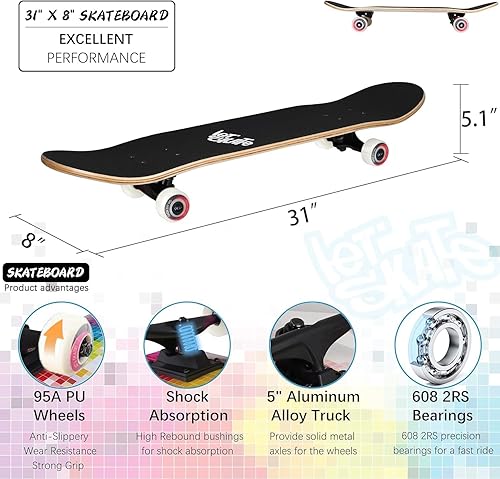 Miniatura 3 de Patinetas para principiantes, 31 x 8 pulgadas, patineta completa para niños, adolescentes y adultos, 7 capas de madera de arce canadiense de doble