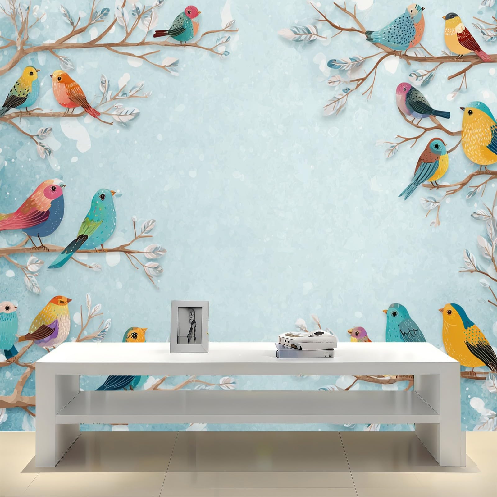 Papier Peint Oiseaux à l'aquarelle Intissé Bleu Décoration Murale Salon Chambre Tapisserie Murale 300 x 210 cm Moderne