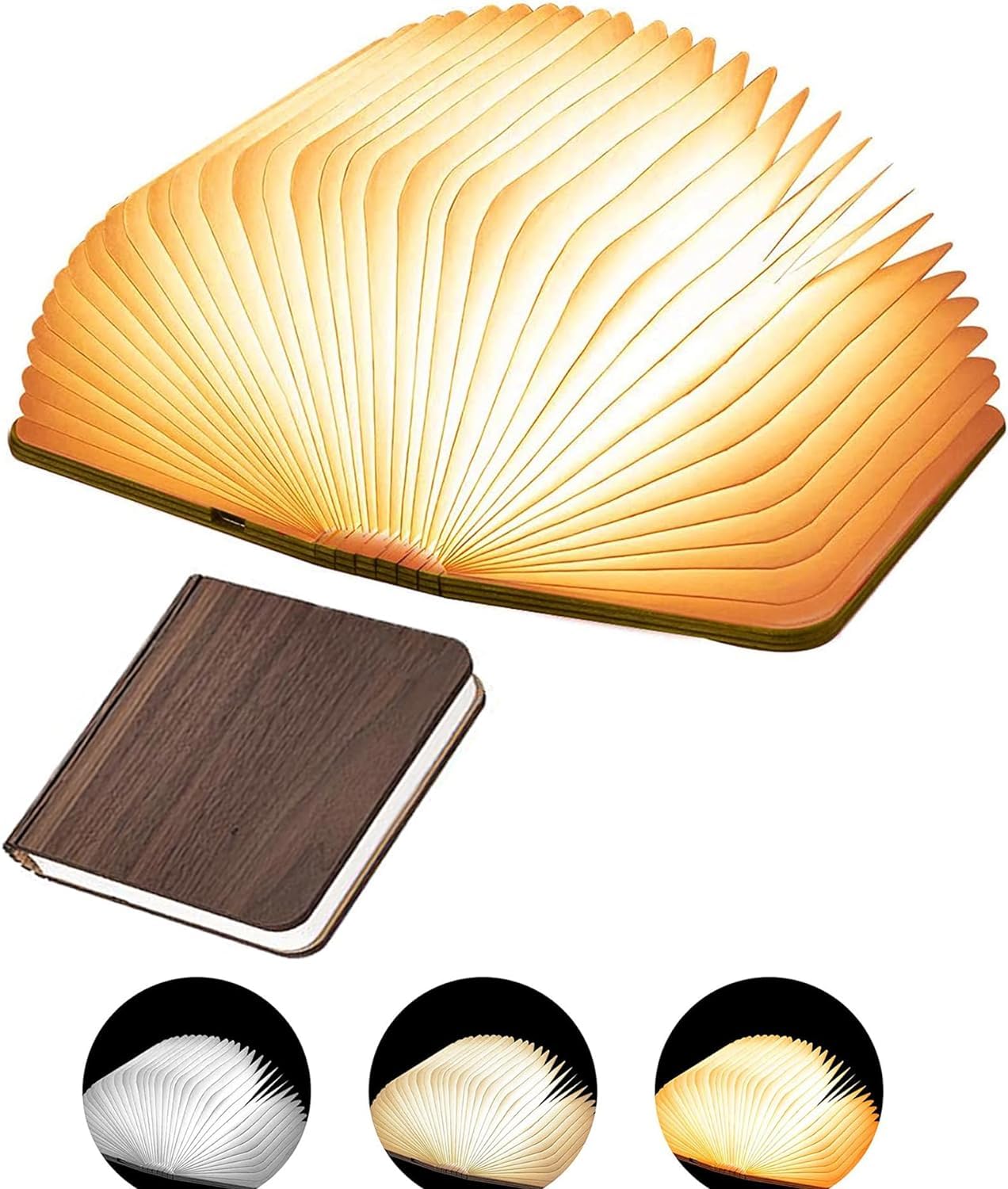 SAMARRA Large (22 * 17CM) Folding Book Lamp Wood,Foldable Book LED Light,USB Rechargable 3 Mood Lights,Desk Table Wood Lamp for Home Decor, Magnetic Design, (Kraft material interior)