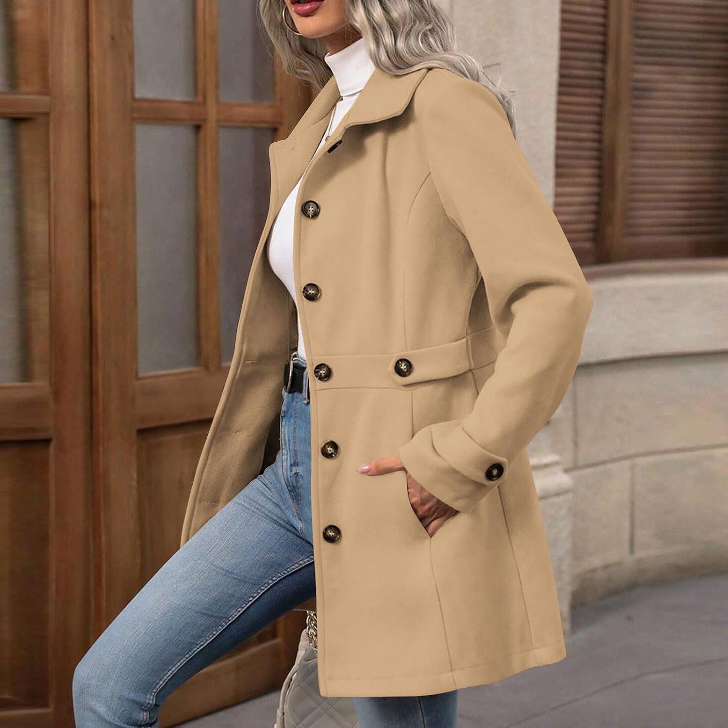 Lmdudan 2025 Women's Single Breasted Pea Coat Winter Notched Lapel Mid Long Wool Blend Trench Coats Fall Winter Outerwear