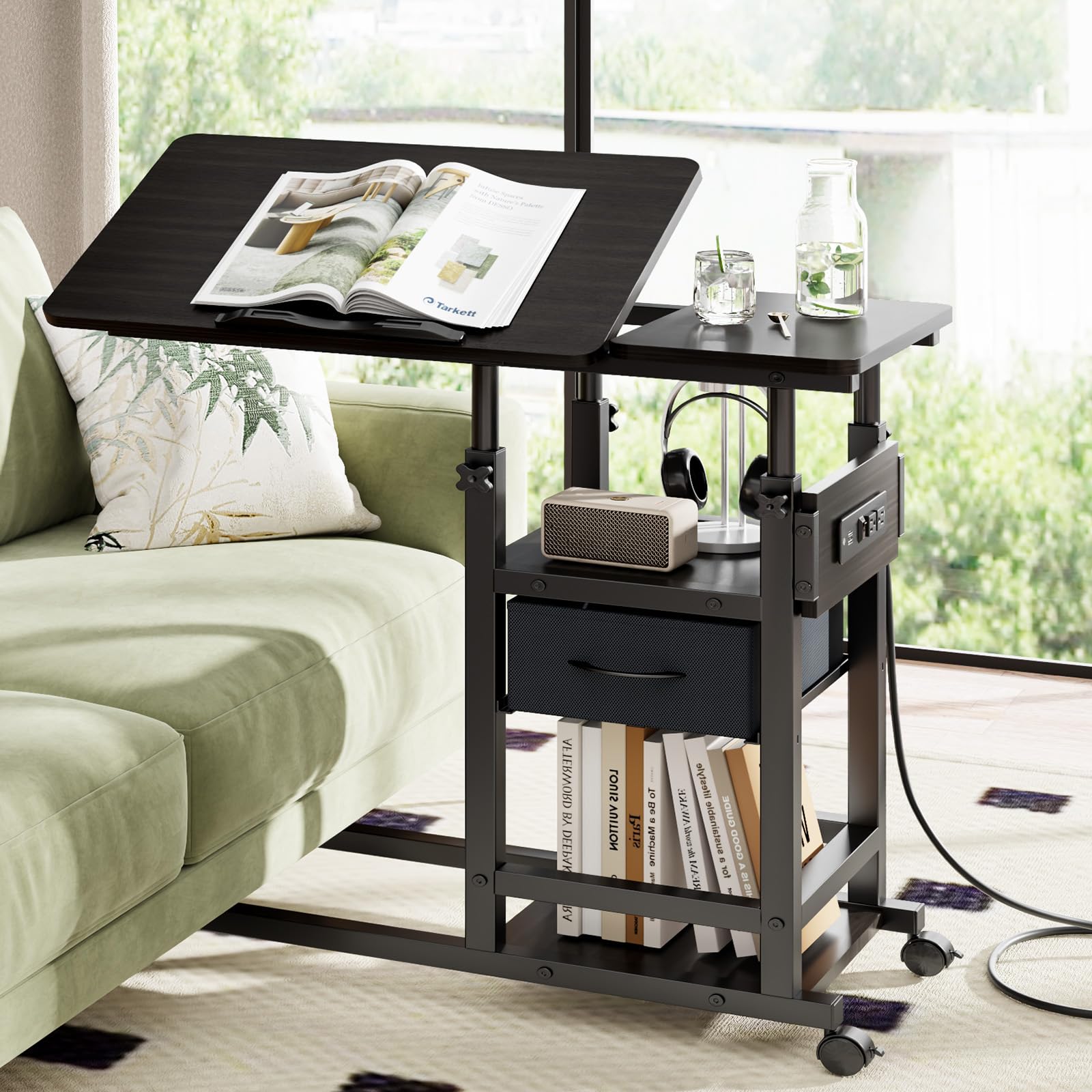 DAPOTUGI Height Adjustable Overbed Table with Wheel and Charging Station, Tiltable Desk C Shaped End Table for Couch, 2-Tier Overbed Bedside Desk with