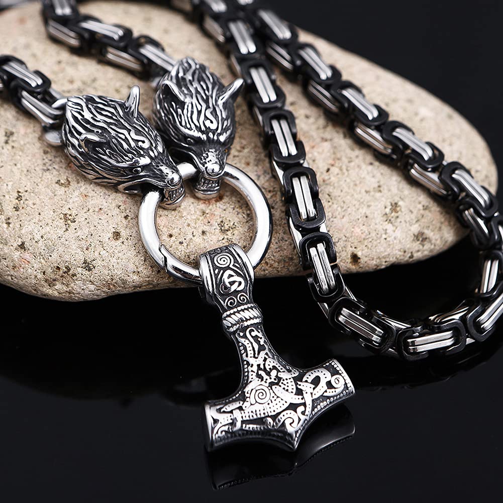 YABEME Männer Wikinger König Kette Halskette, Thor Hammer Mjolnir Edelstahl Vintage Amulett Anhänger Schmuck, mit Valknut Rune Geschenktüte