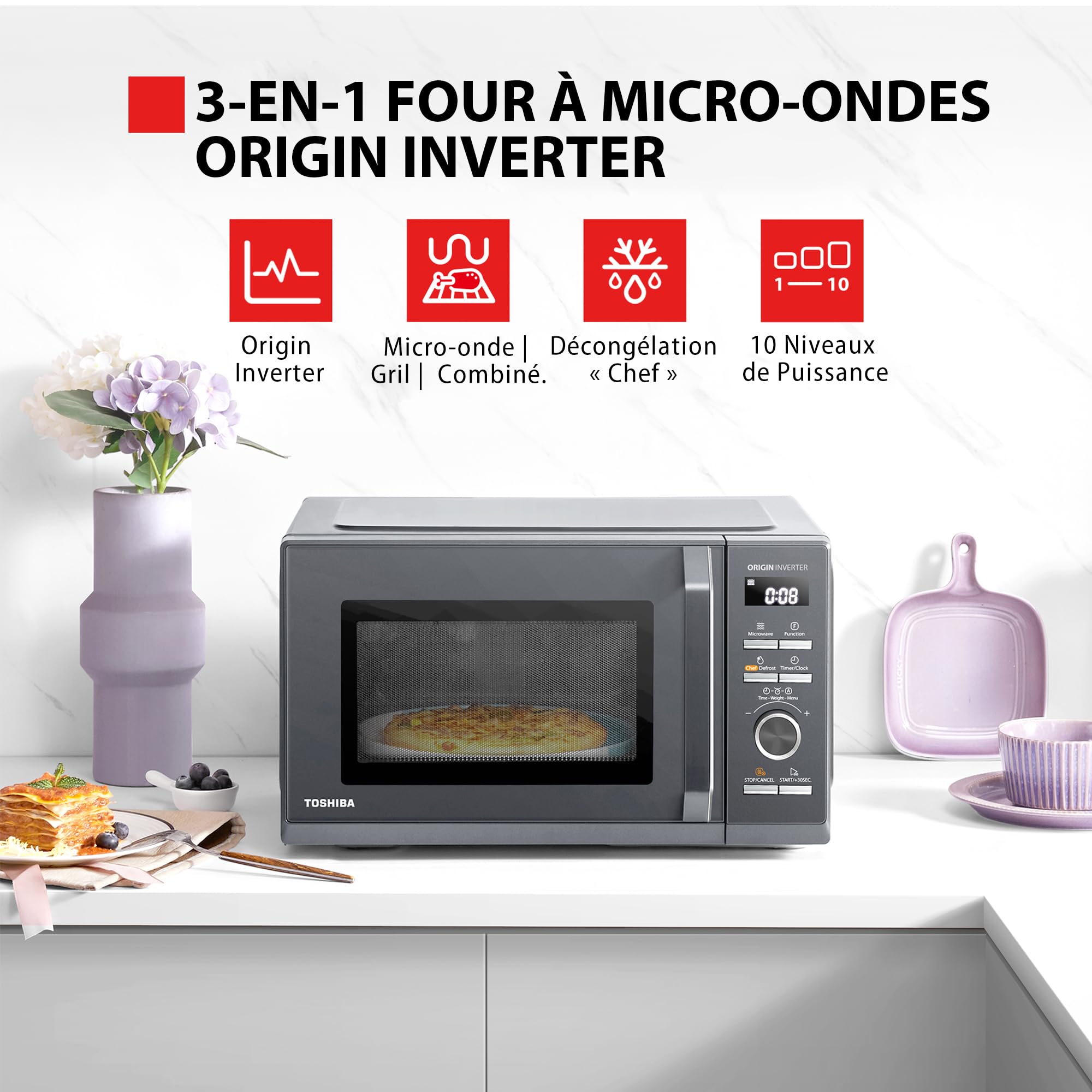 Toshiba,MW3-AG25PFI(MG),Four à Micro-ondes 25L 3-en-1 900W, Morandi Gris Éclatant, 6 Programmes, 10 Niveaux de Puissance, 7 Menus Automatiques, Nettoyage Facile