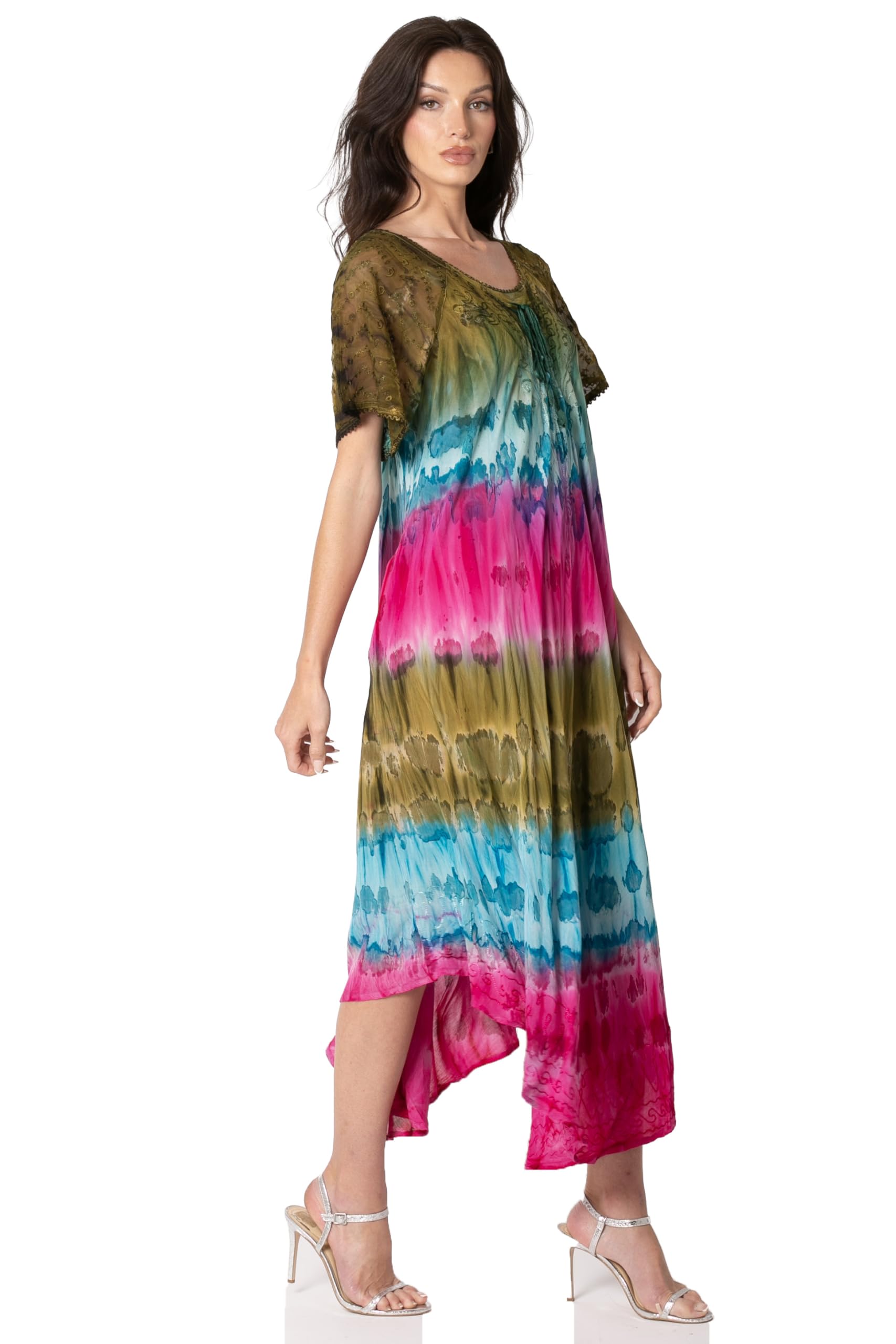 Sakkas Sula Long lacé Rayonne Tie-Dye Large col brodé Boho Sundress Cover Up