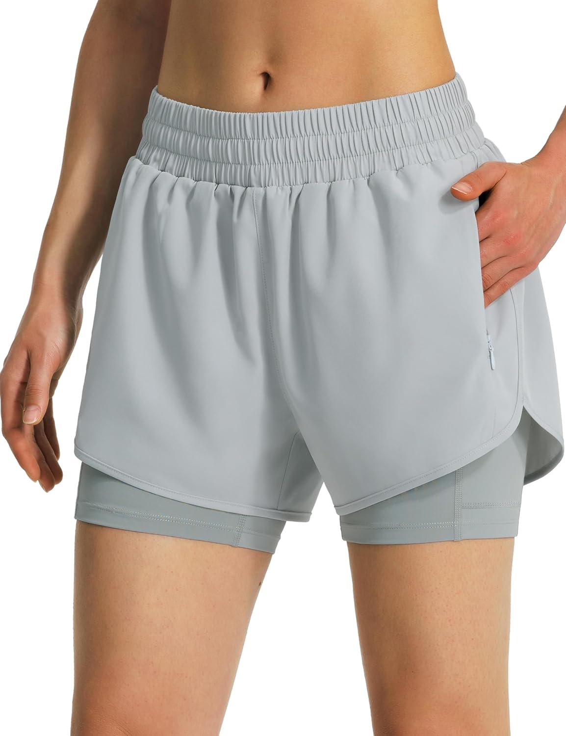 Ksmien Women's 2 in 1 Running Shorts Quick Dry Athletic Gym Workout Shorts with Liner Phone Pockets - Image 2