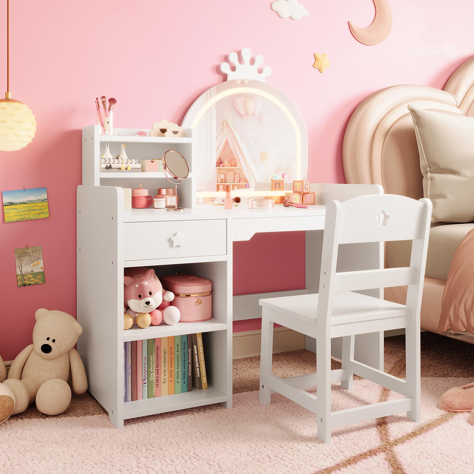 Garvee Coiffeuse pour Enfants avec Miroir Lumineux, Ensemble Table Et Chaise pour Enfants, 2 en 1 Bureau Enfant avec Etagères De Rangement pour Filles
