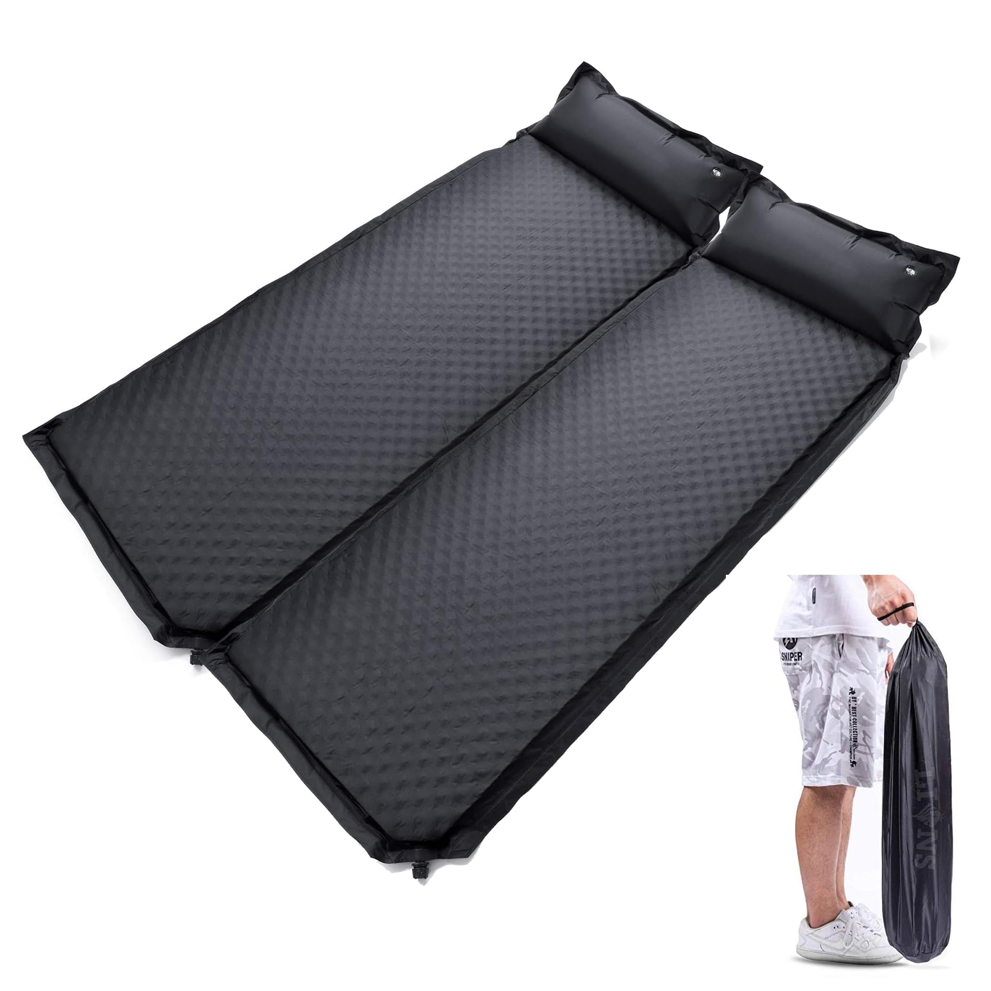 Lions® Self Inflating Camping Roll Mat With Inflatable Pillow Sleeping Mattress 3cm Thick (Black, Double)