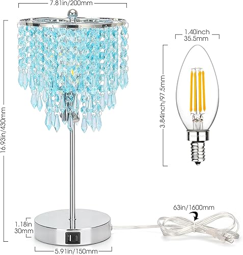 Miniatura 2 de Lámpara de mesa de cristal con control táctil, doble USB para dormitorio, lámpara de mesita de noche regulable de 3 vías con elegante pantalla verde