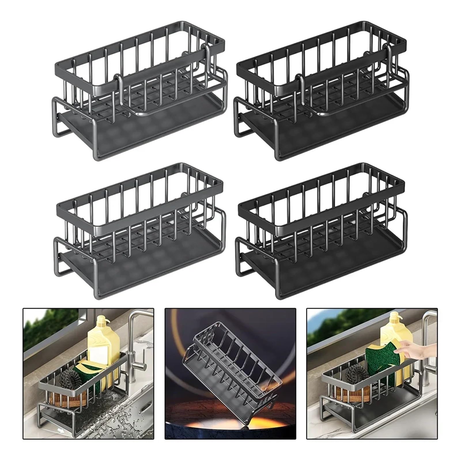 Scolapiatti nero per lavello da cucina con portaoggetti per spugna e porta rubinetto, organizer per asciugamani, scolapiatti e altro ancora