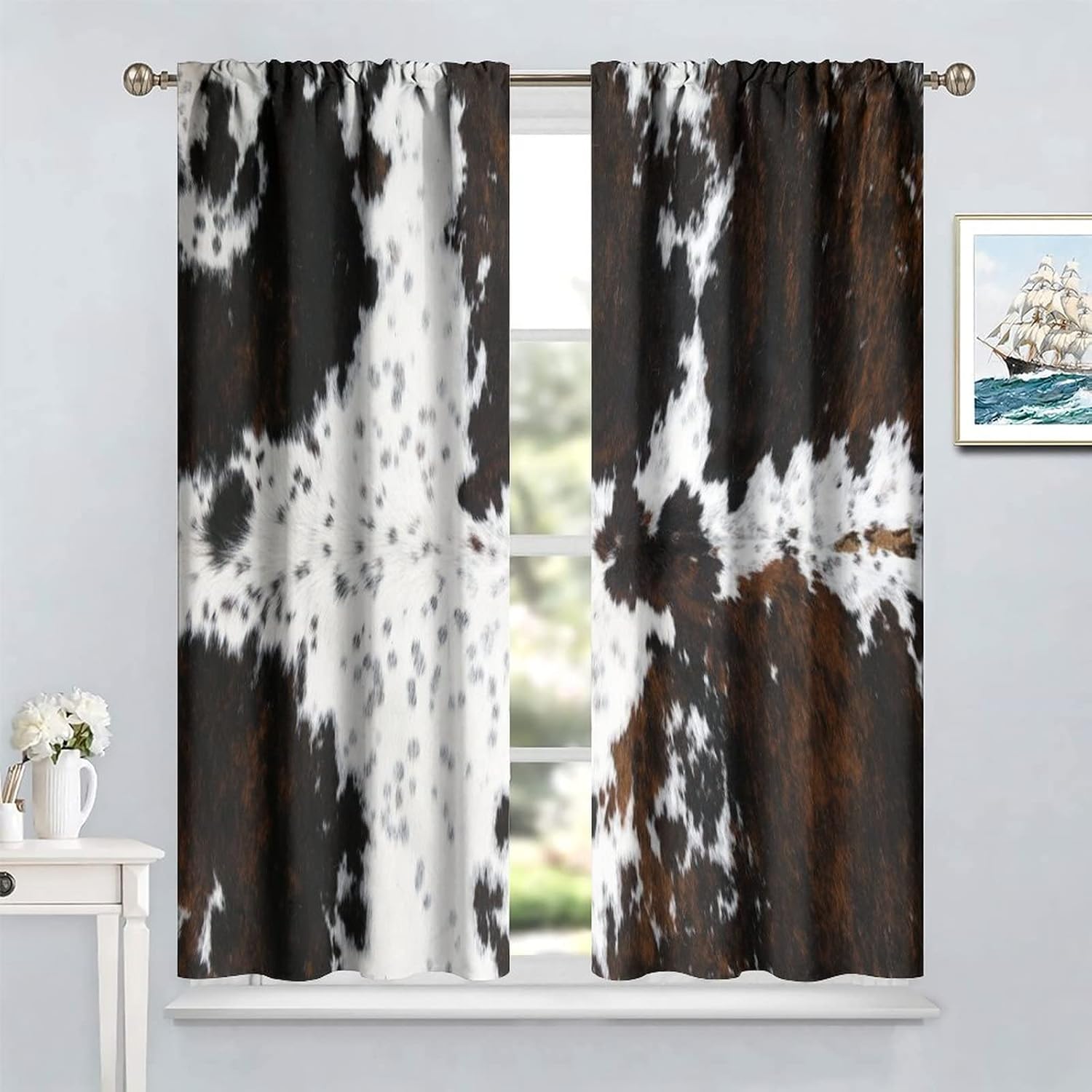 YCness Cow Print Curtains, Animal Fur Skin Curtains Brown Cowhide Western Farm Window Treatments for Kids, Wild 3D Rustic Hunter Theme 2 Panel Sets, 54x42 Inch - Image 4